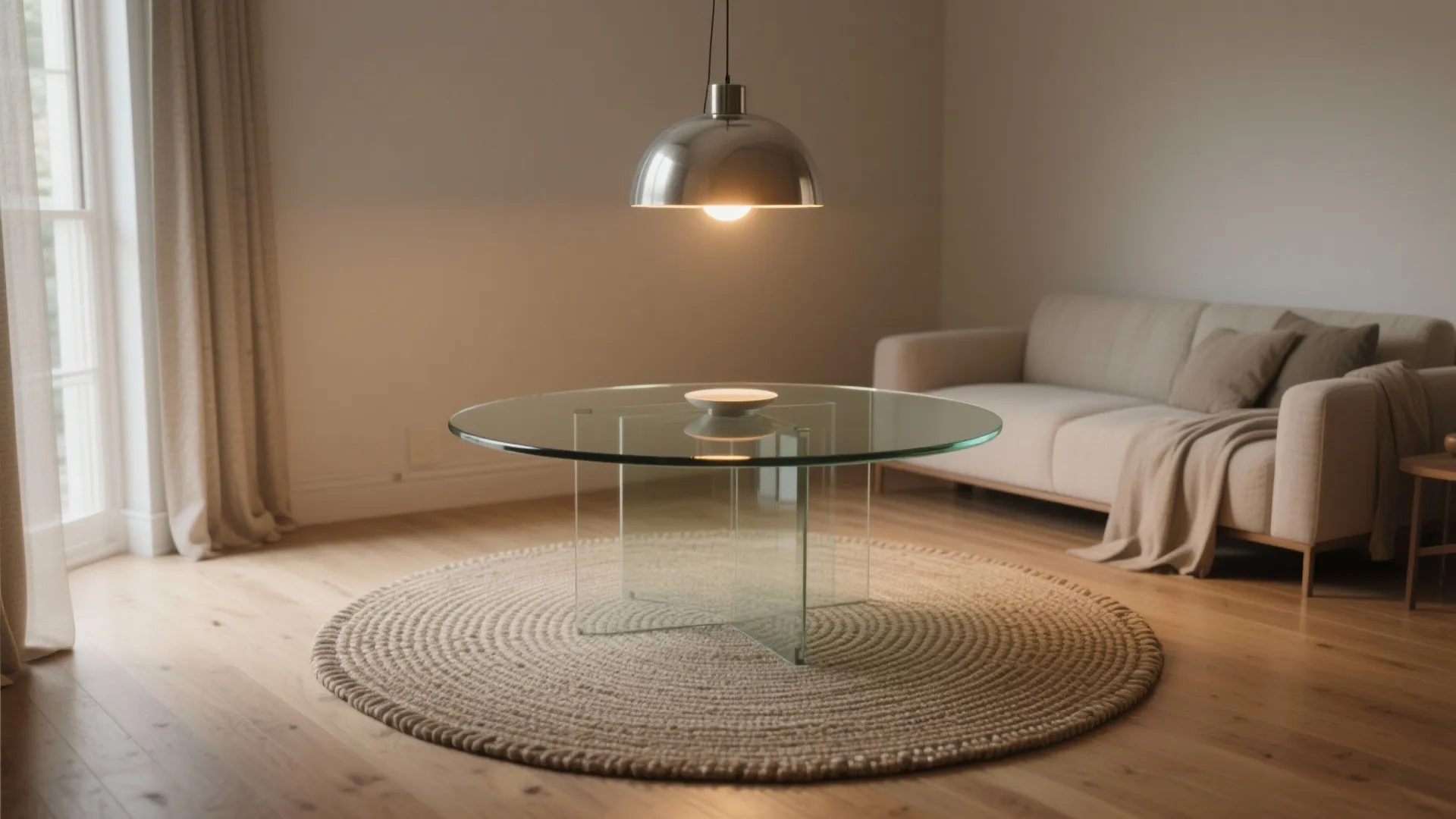 3. Anchor with a Round Rug and a Focused Pendant