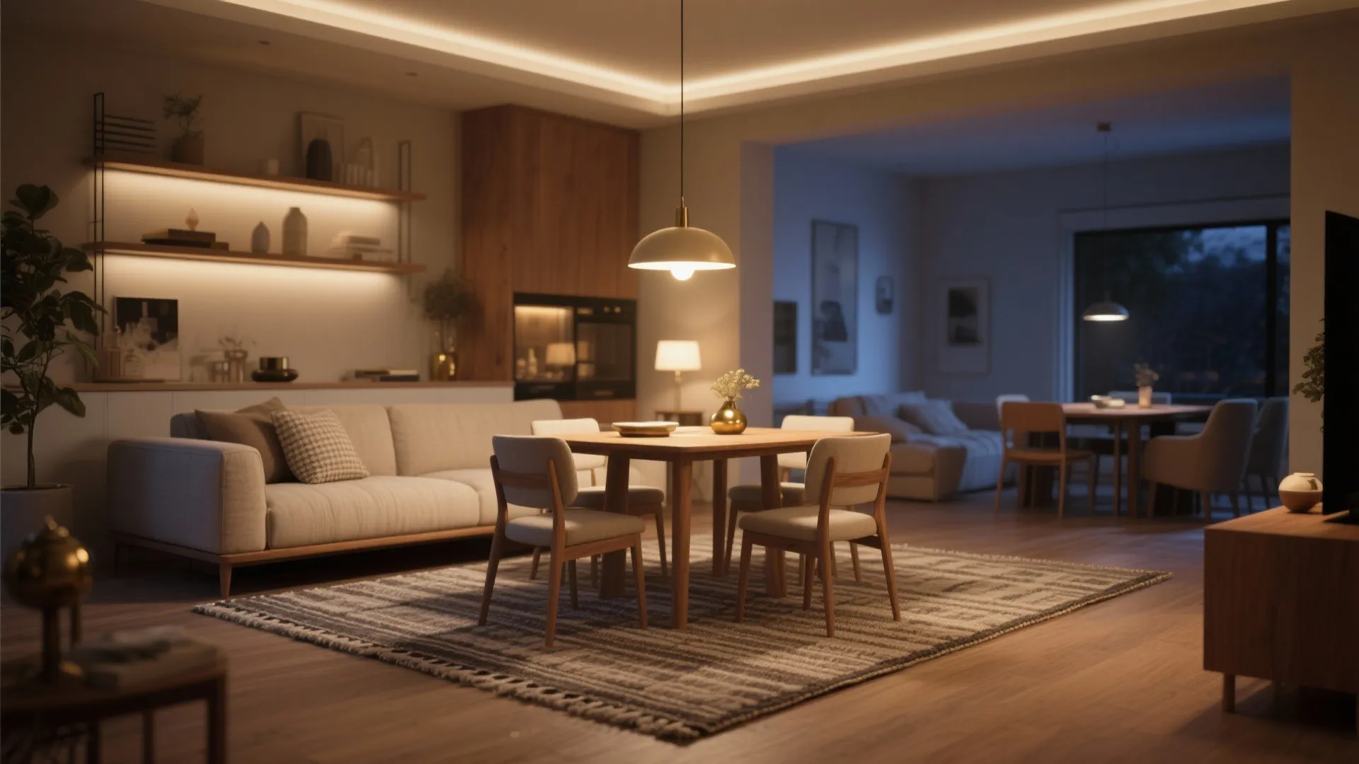 Modern living room with wooden dining table on a rug under a warm ceiling light