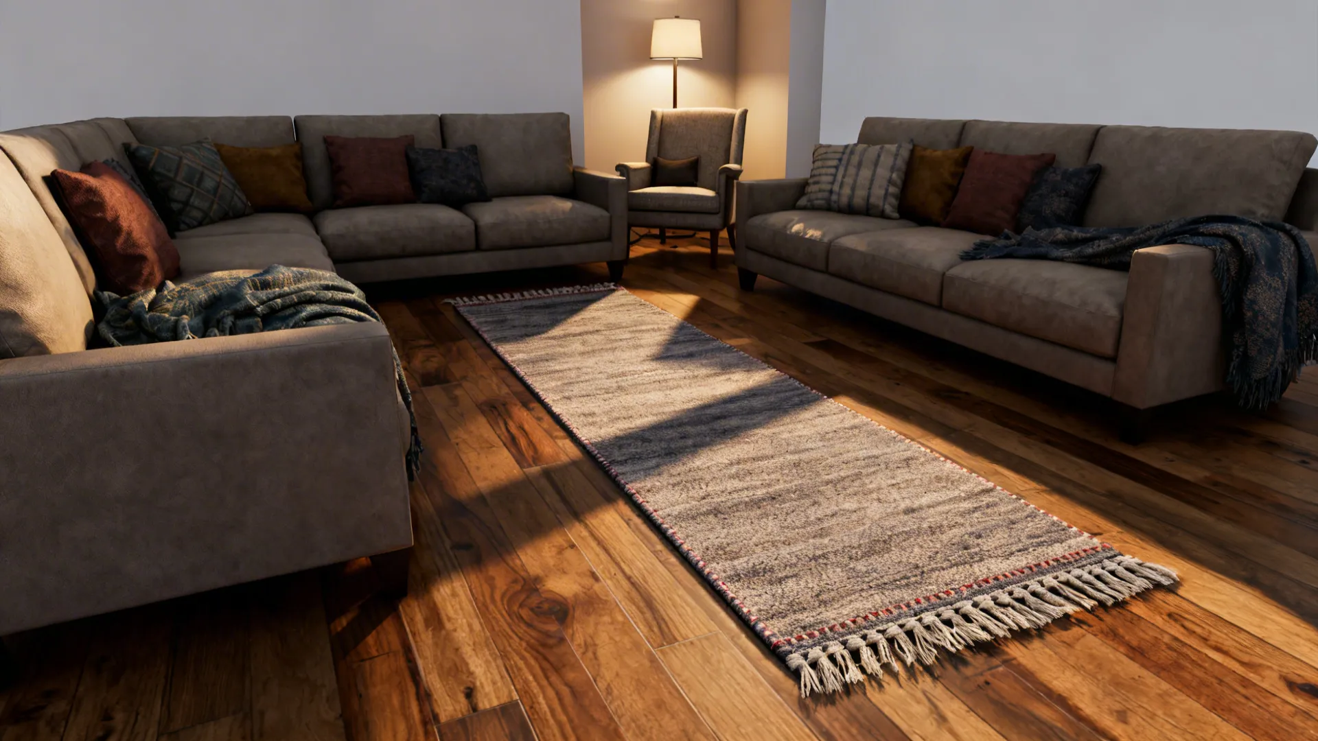 Runner rug placed perpendicular to an L-shaped sectional creating visual movement toward a reading nook.