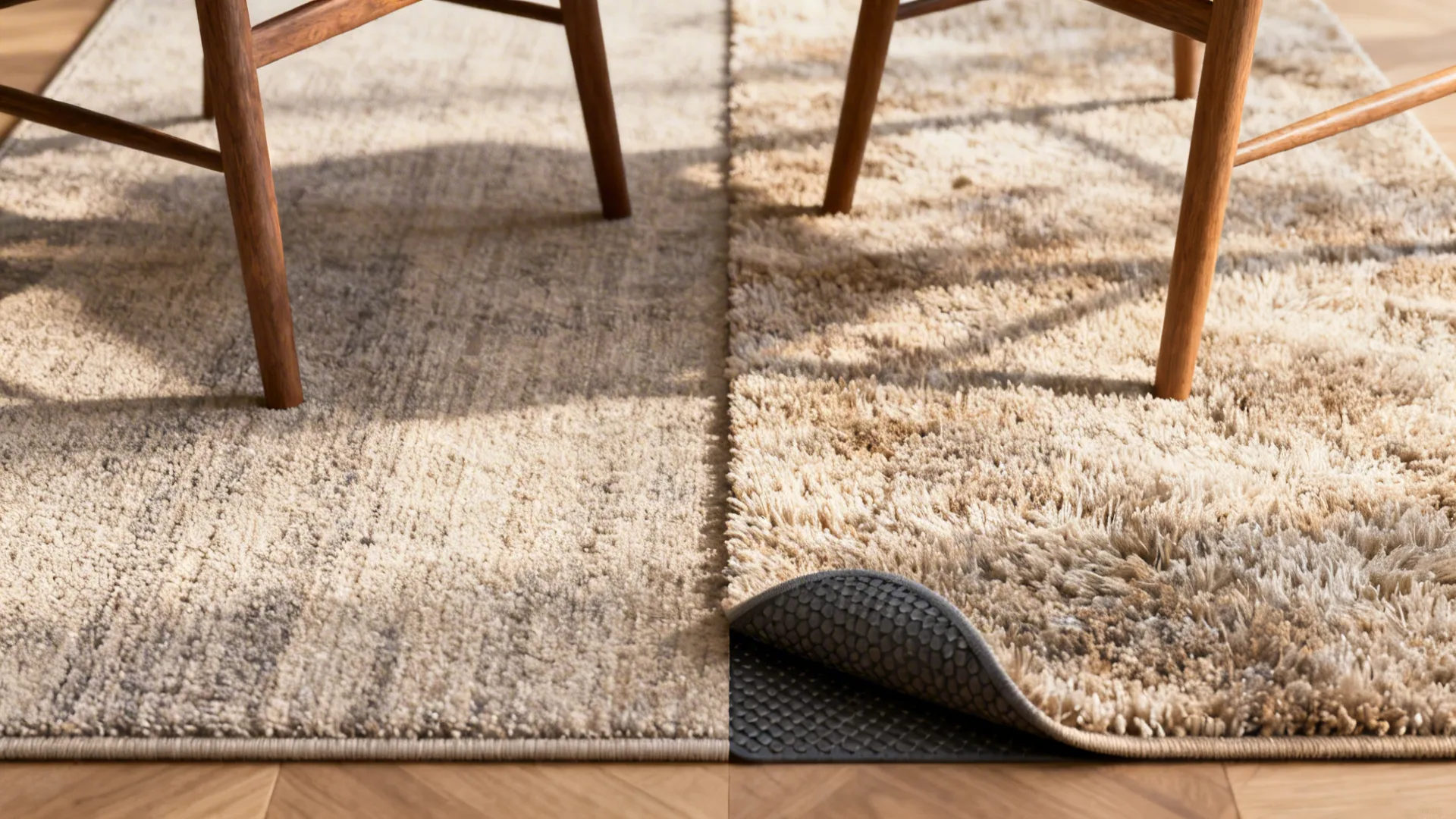 Side-by-side comparison between a flat low pile rug and a thick soft high pile rug