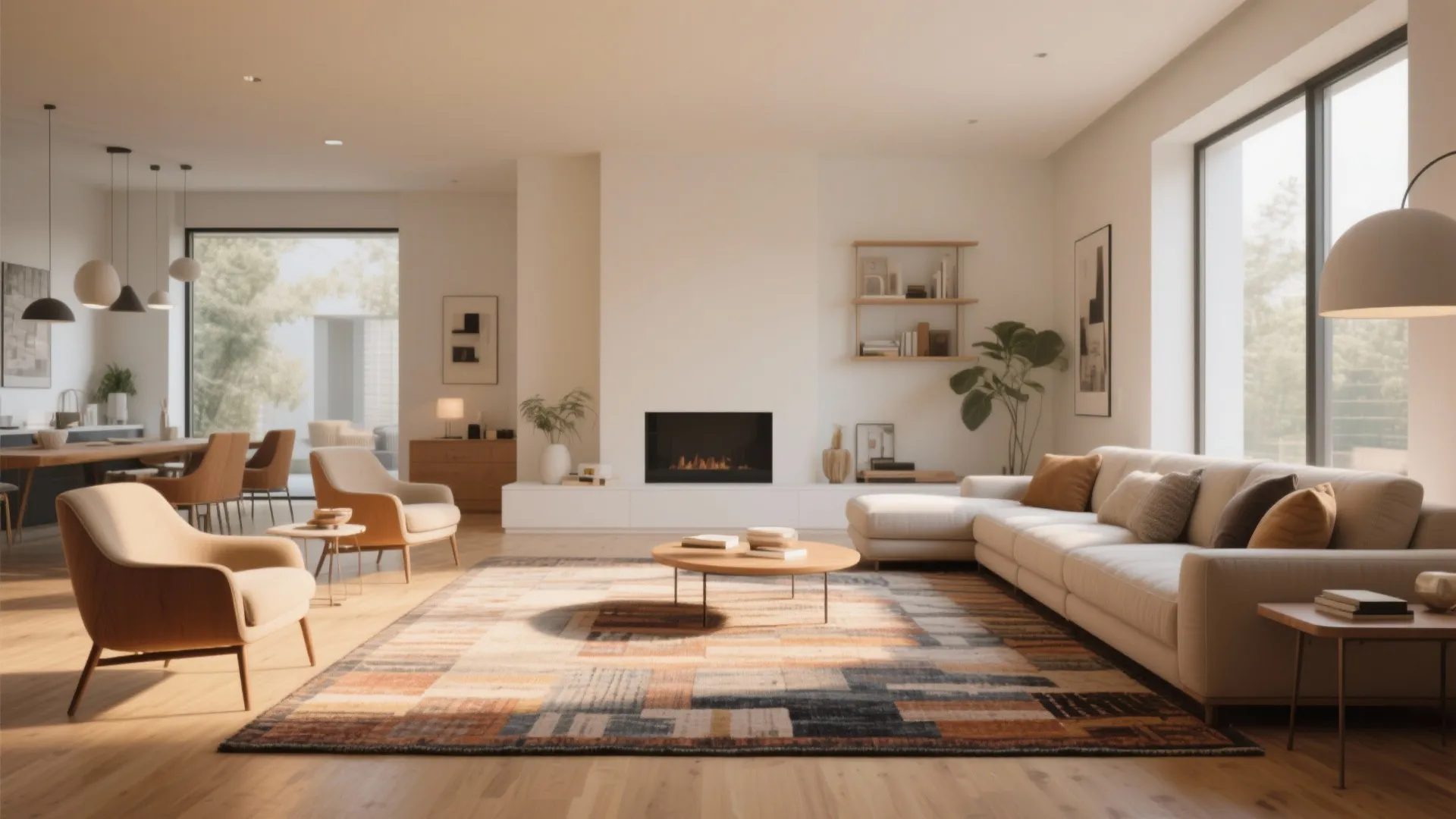 Modern open living room with a large patterned rug white sofa fireplace and dining area