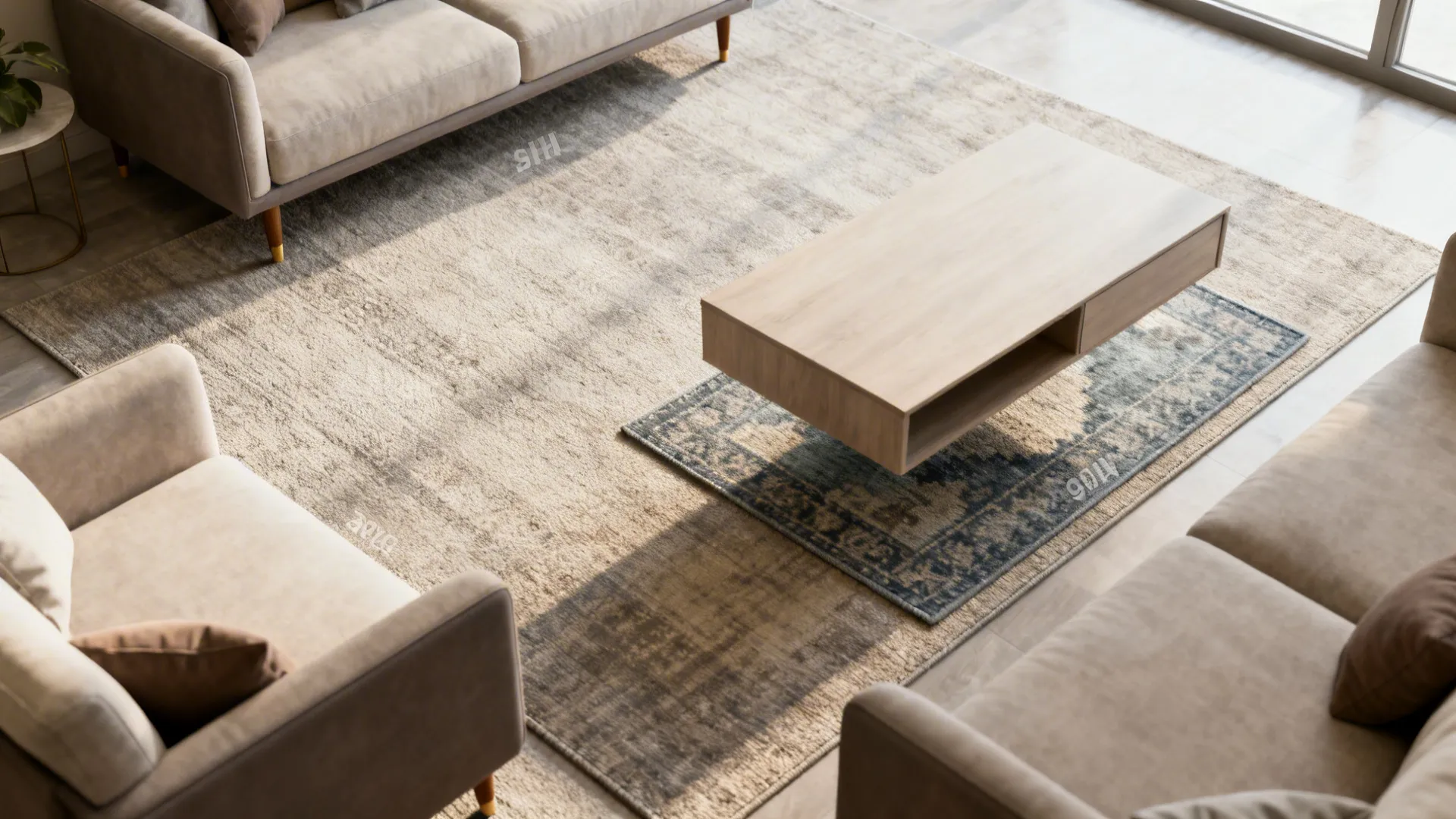 Top-down comparison of three rug layouts (all-legs, front-legs, floating) to visualize options.