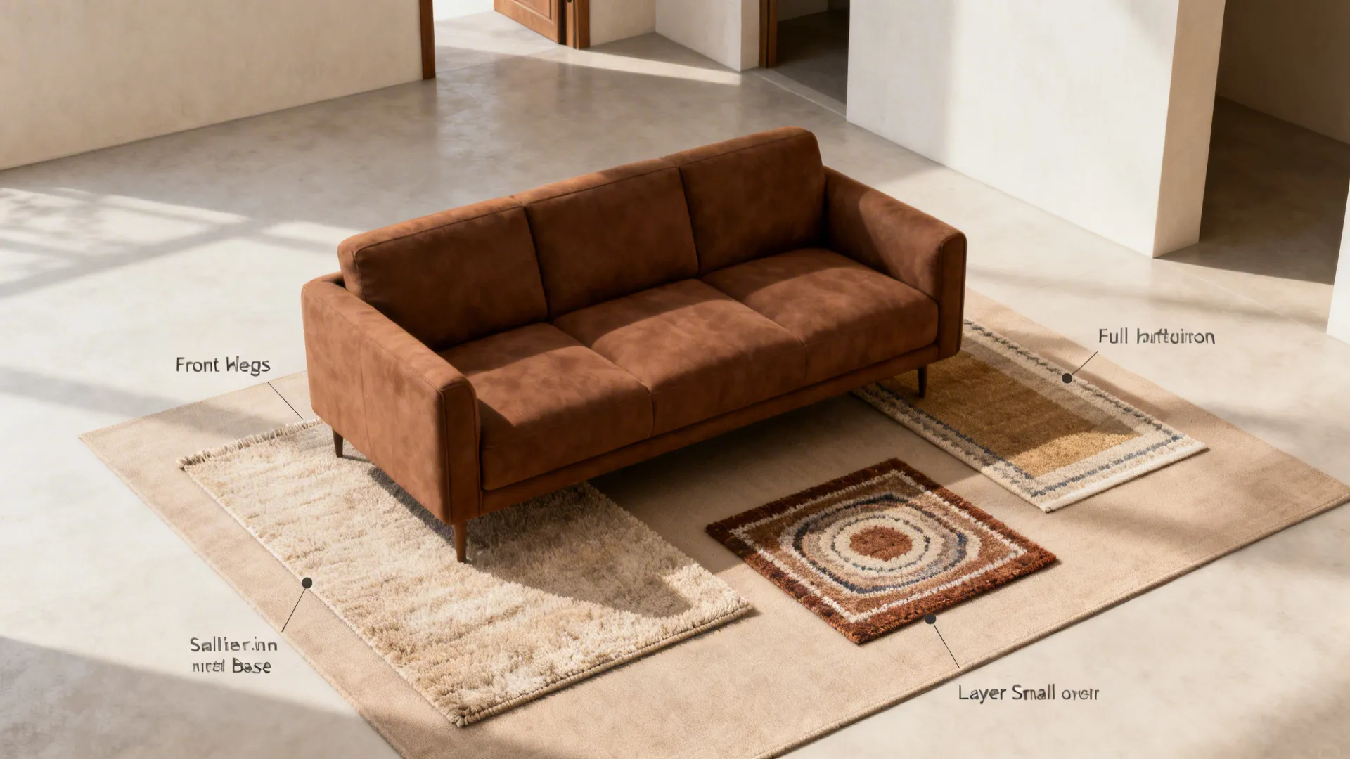 Top-down diagram showing rug placement options around a brown sofa