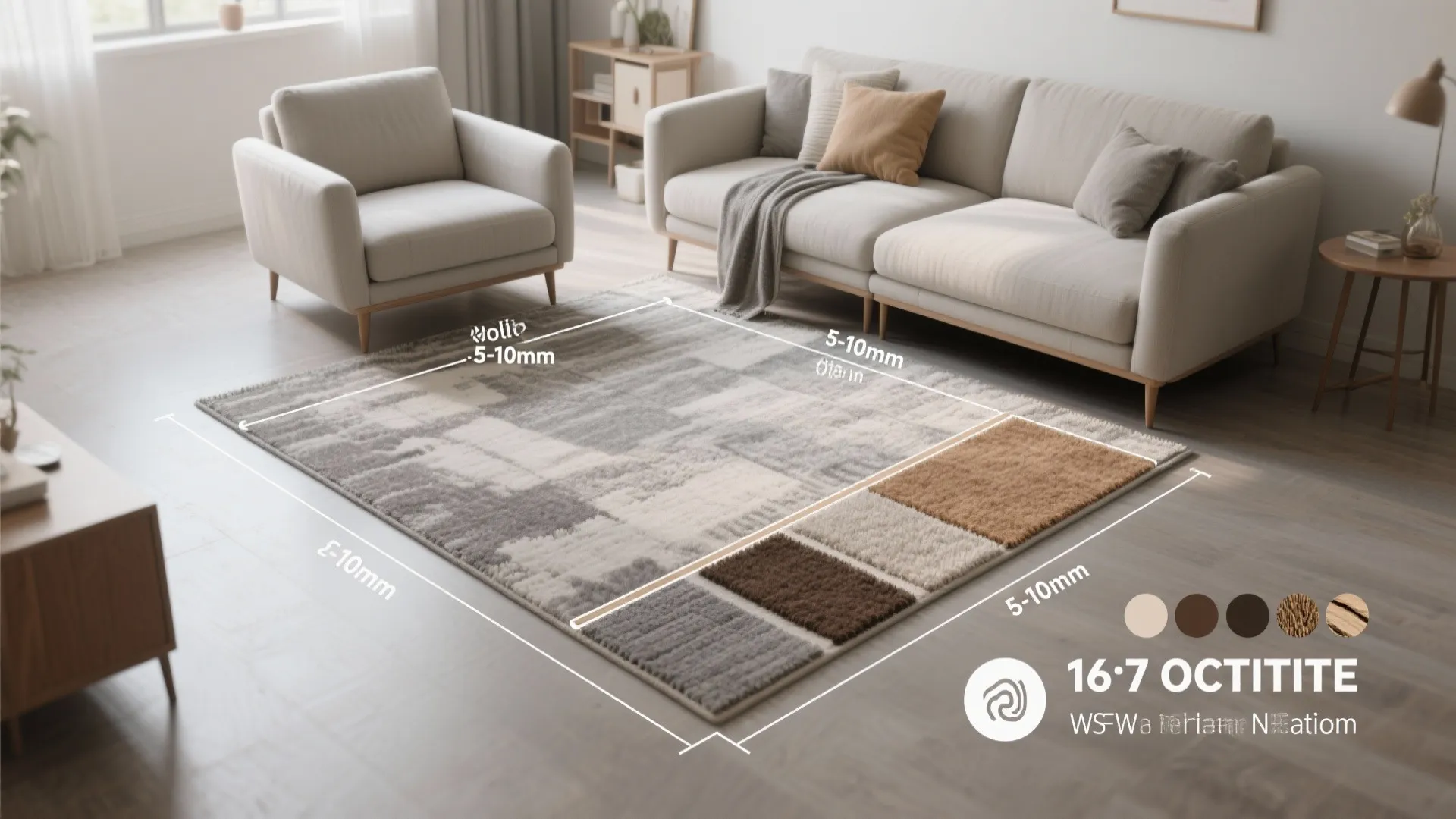 Top-down infographic showing rug placement tips, pile height guidance, and layering advice for small living rooms.
