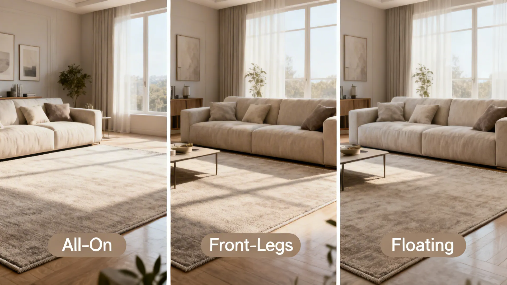 Triptych showing three 8x10 rug placements in a small living room: all-on, front-legs, and floating.