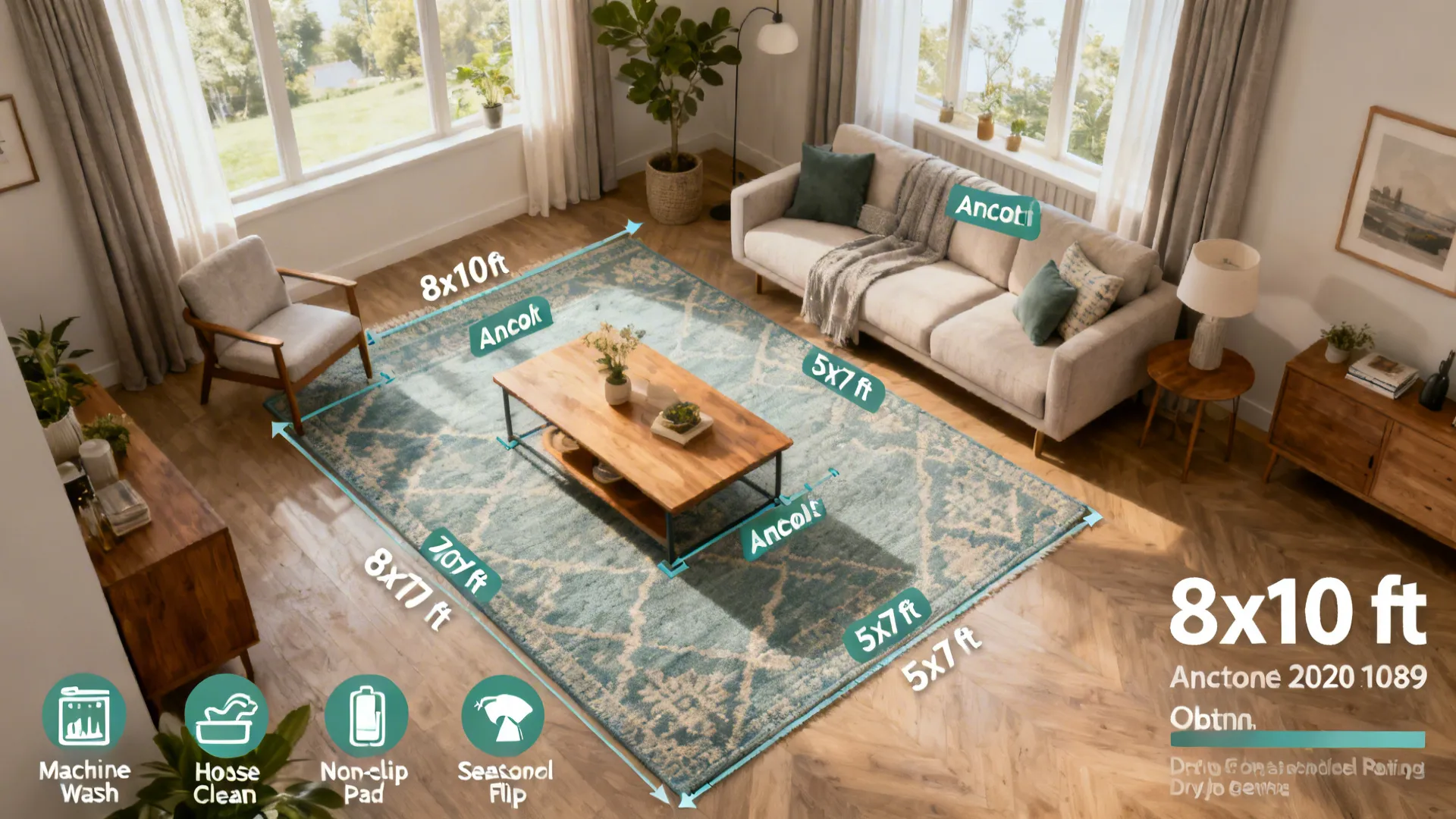Top-down living room layout with overlays showing rug placement, sizes, and care icons for washable rugs.
