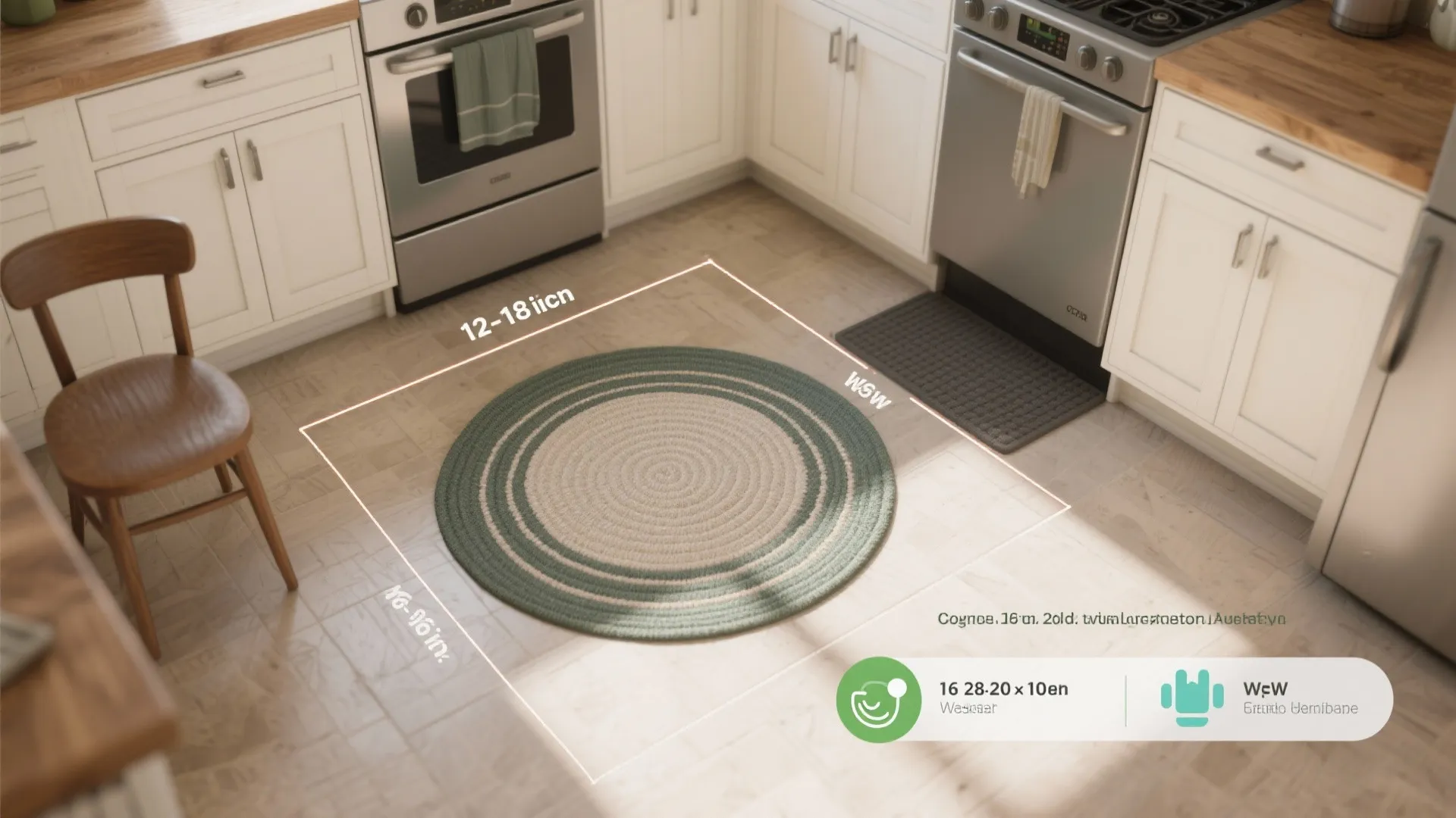 Kitchen rug placement guide showing a round green rug on floor with measurements and cabinets
