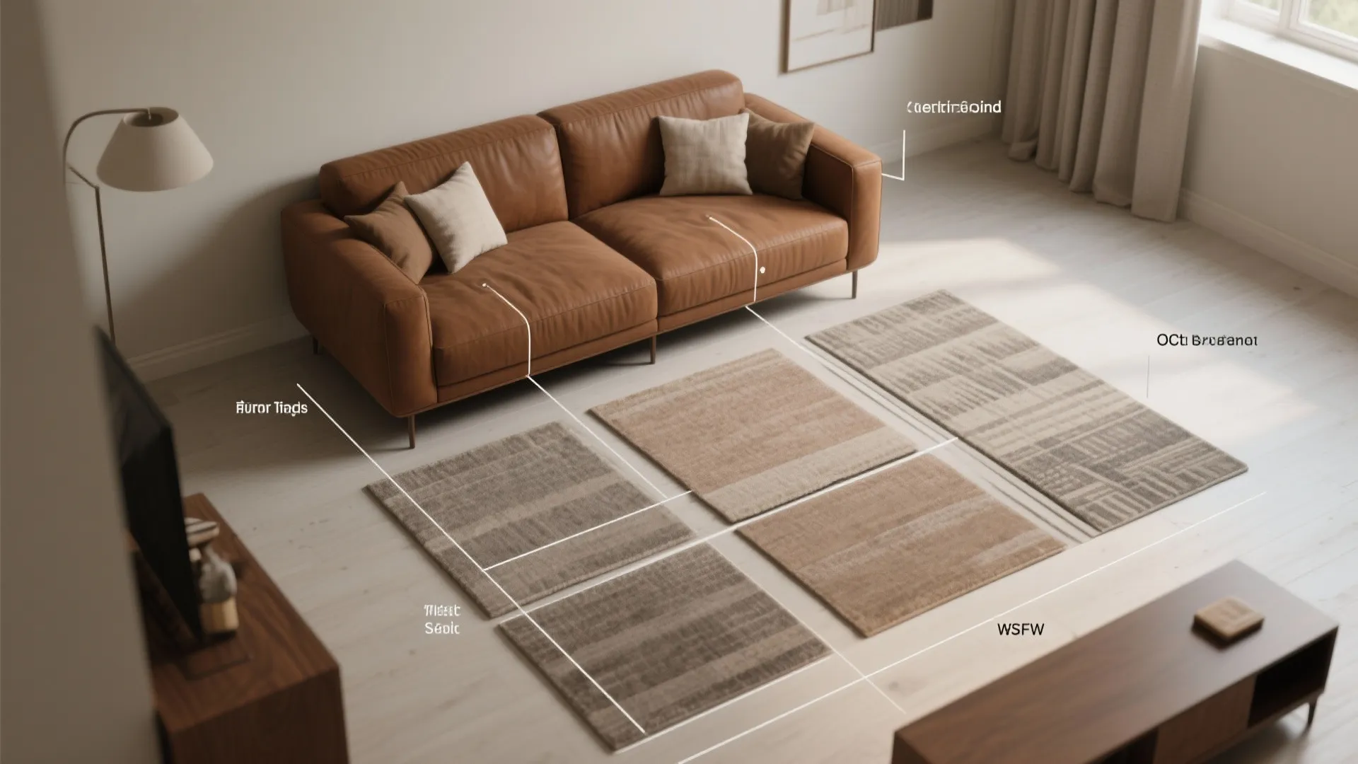 Top-down 3D mockup showing rug placement options around a brown sofa to demonstrate scale and layout.