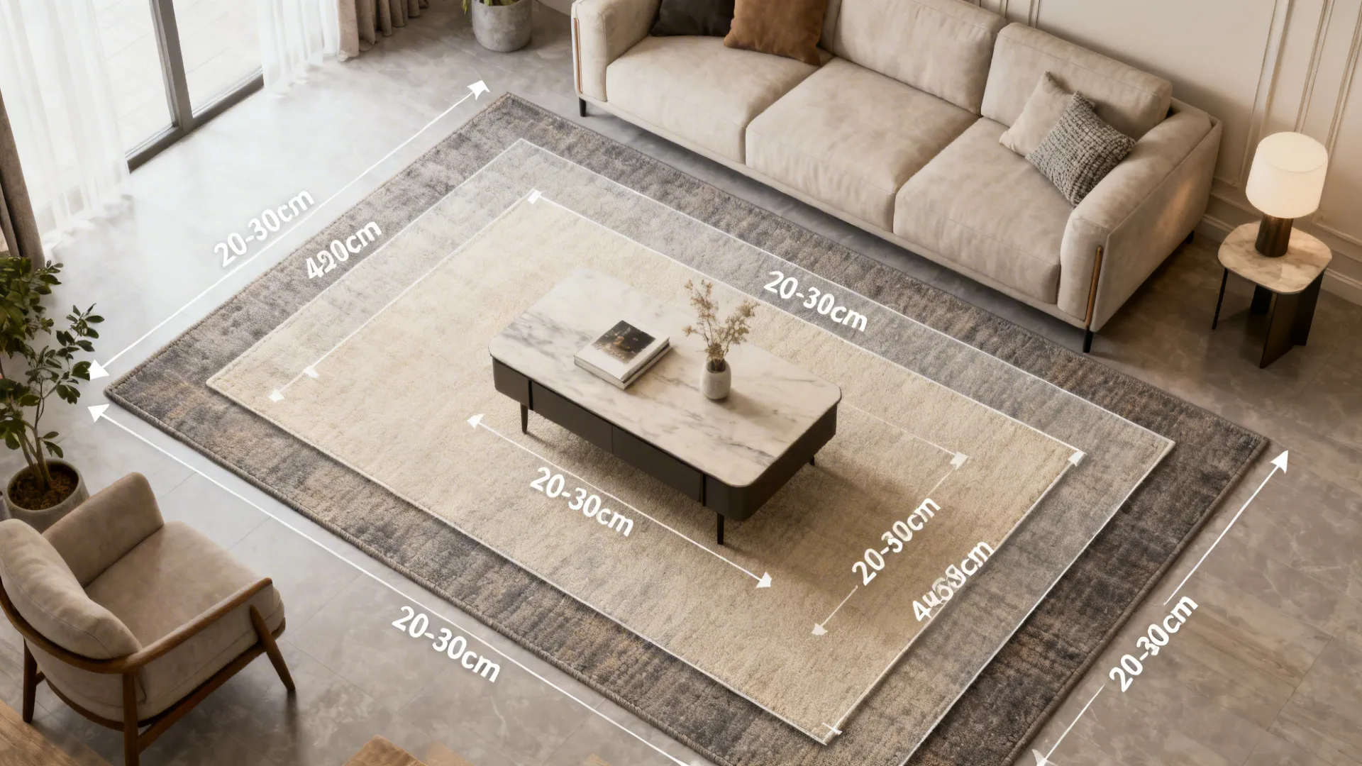 Top-down living room diagram illustrating recommended rug sizes and placements with measurements.
