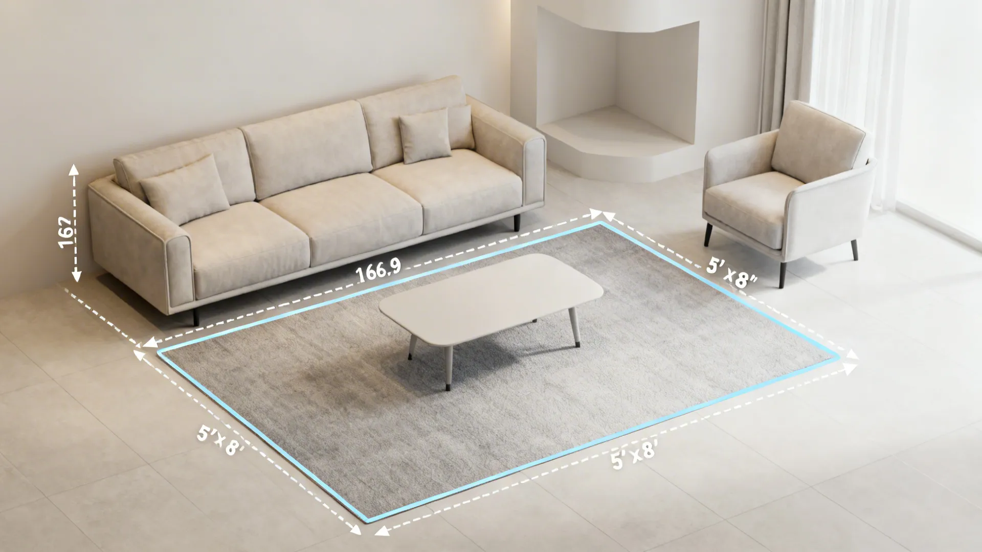 Living room layout showing five by eight rug placed in front of large beige sofa