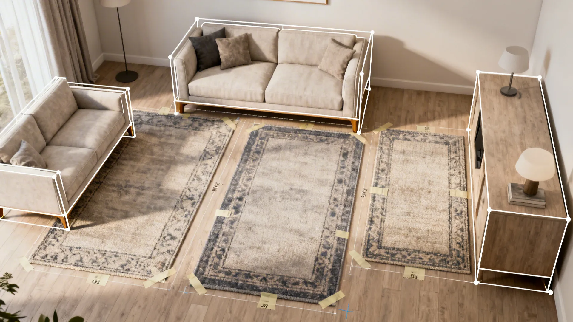 Top-down visual guide showing rug placement options with furniture outlines and measurements