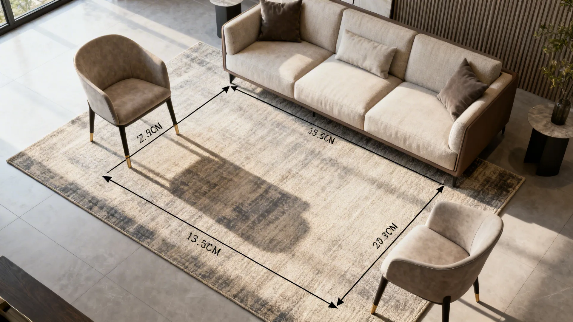 Top-down layout showing correct rug placement with sofa and chair front legs on the rug.