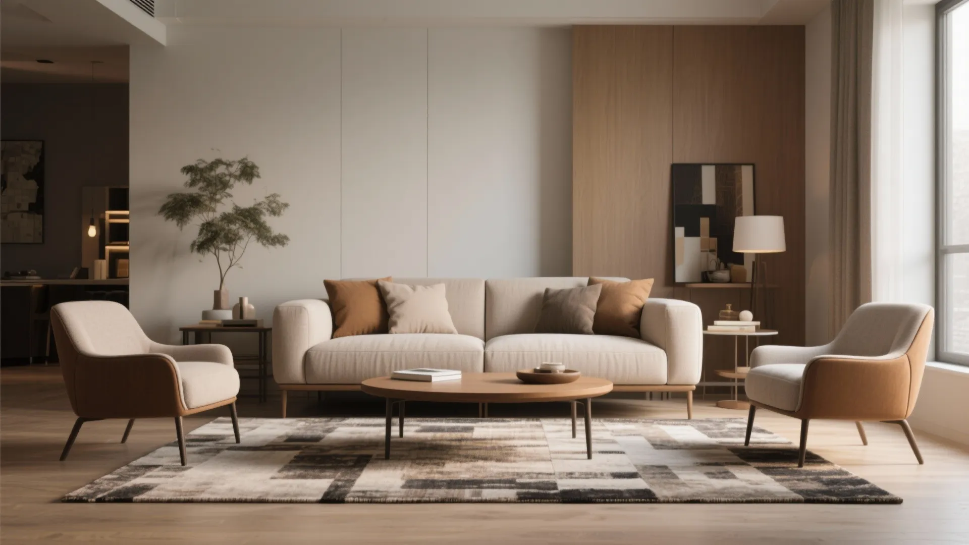 Neutral living room design with cream sofa two armchairs wooden coffee table and patterned rug
