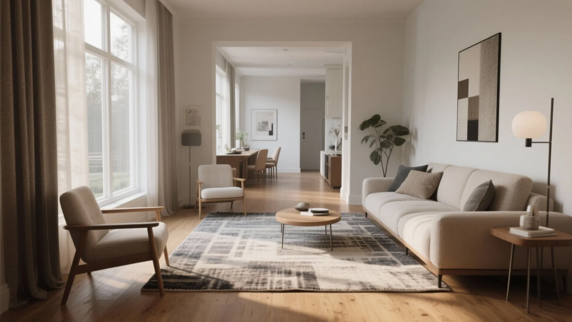 Modern living room with beige sofa patterned area rug wooden floor and large bright windows