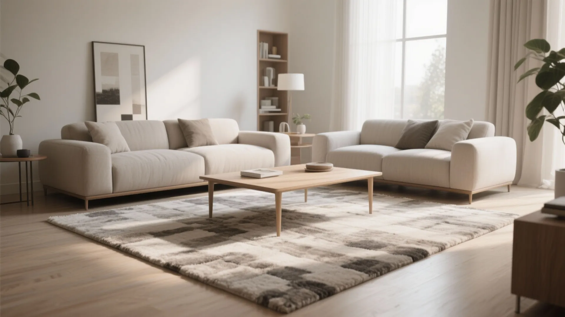 Bright living room with two white sofas wooden coffee table patterned rug and tall green plants