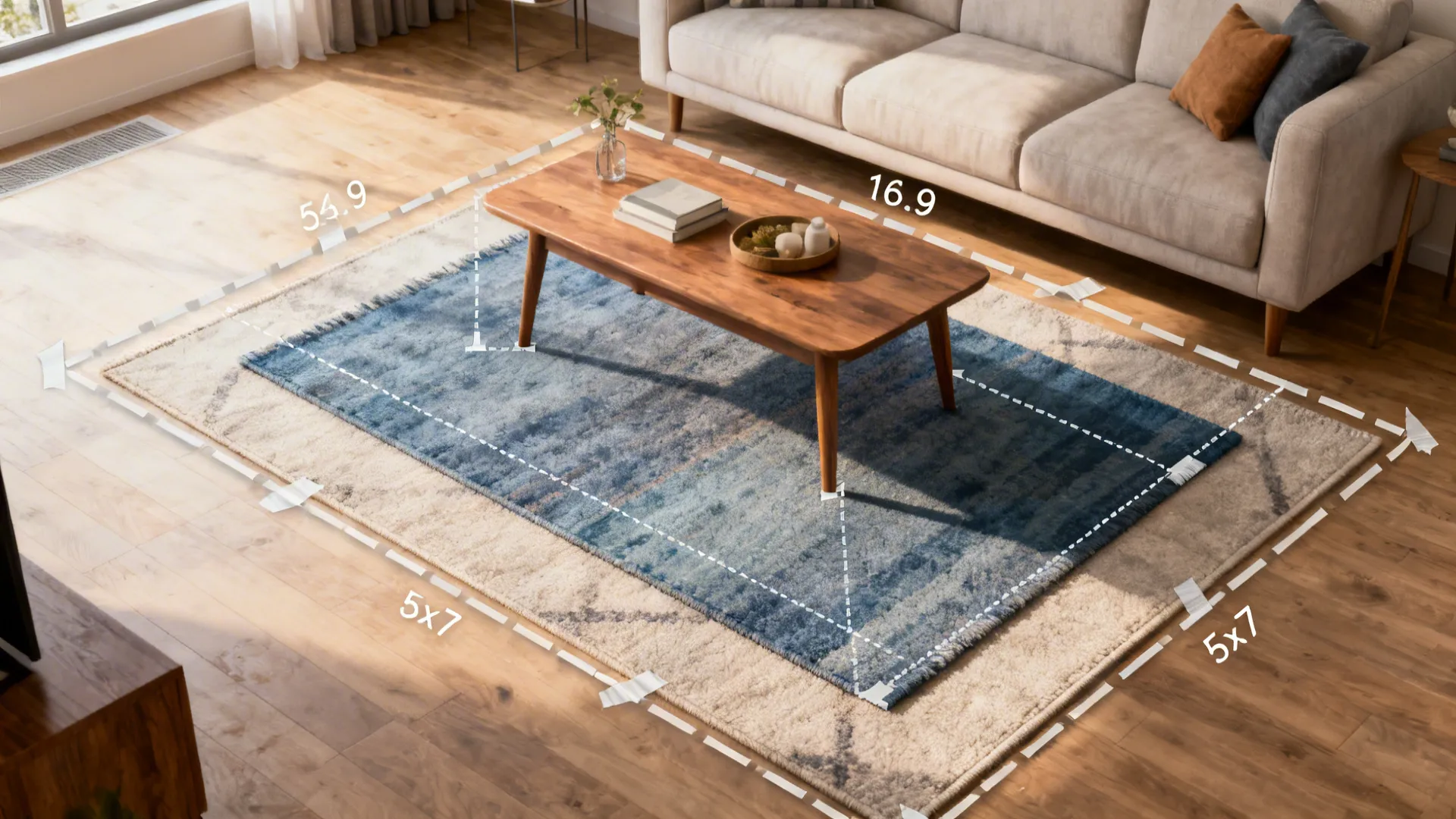 Living room rug placement guide showing wooden coffee table over layered blue and beige rugs