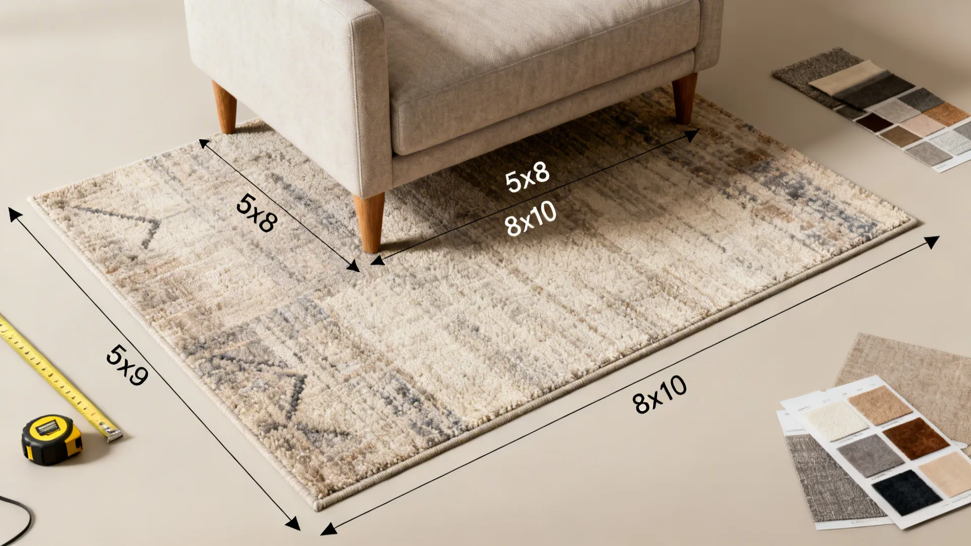 Top-down mockup showing recommended rug sizes and placement relative to sofa front legs in a small living room