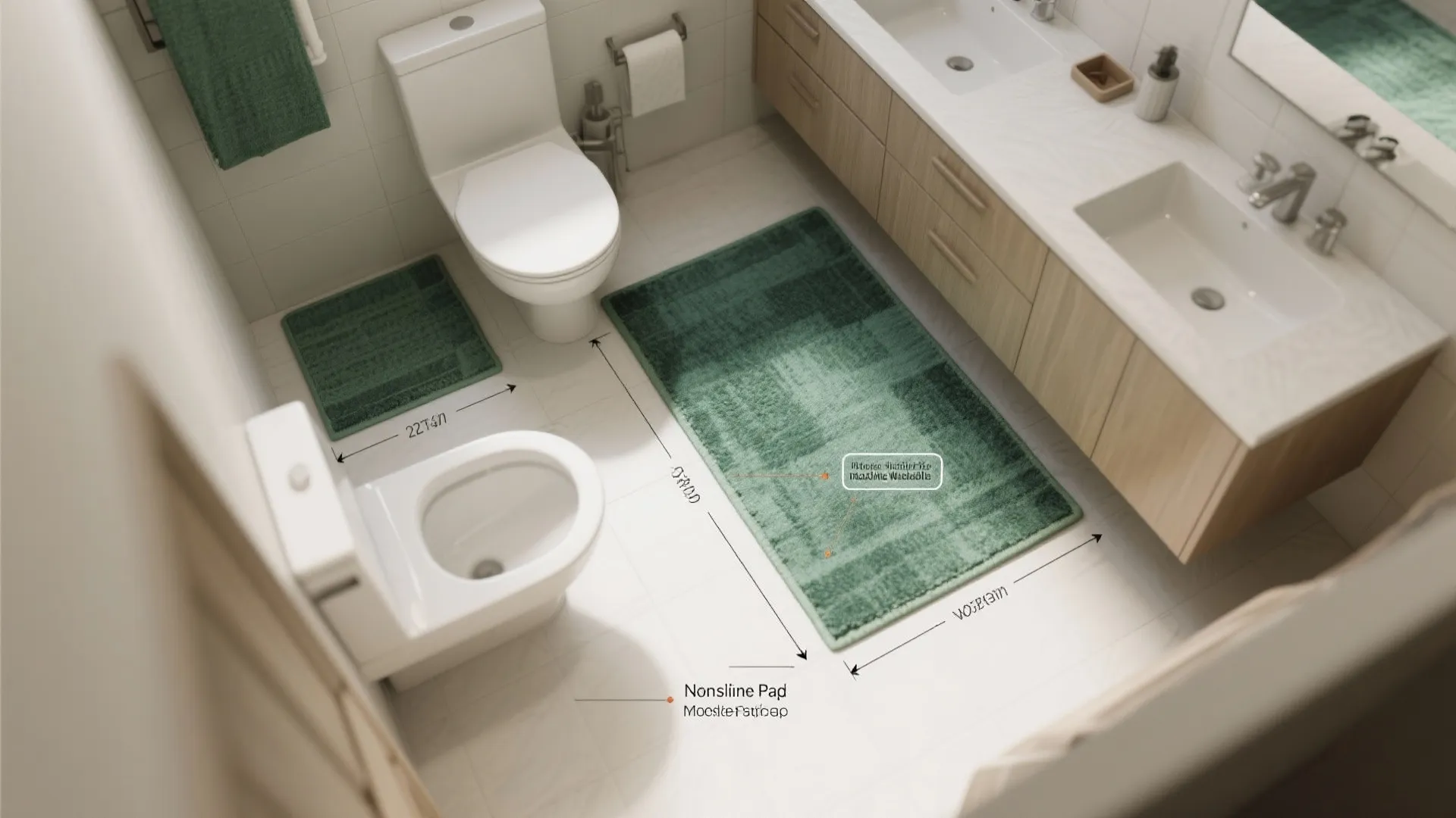 Top view of bathroom layout showing green rugs with measurement lines for perfect rug placement