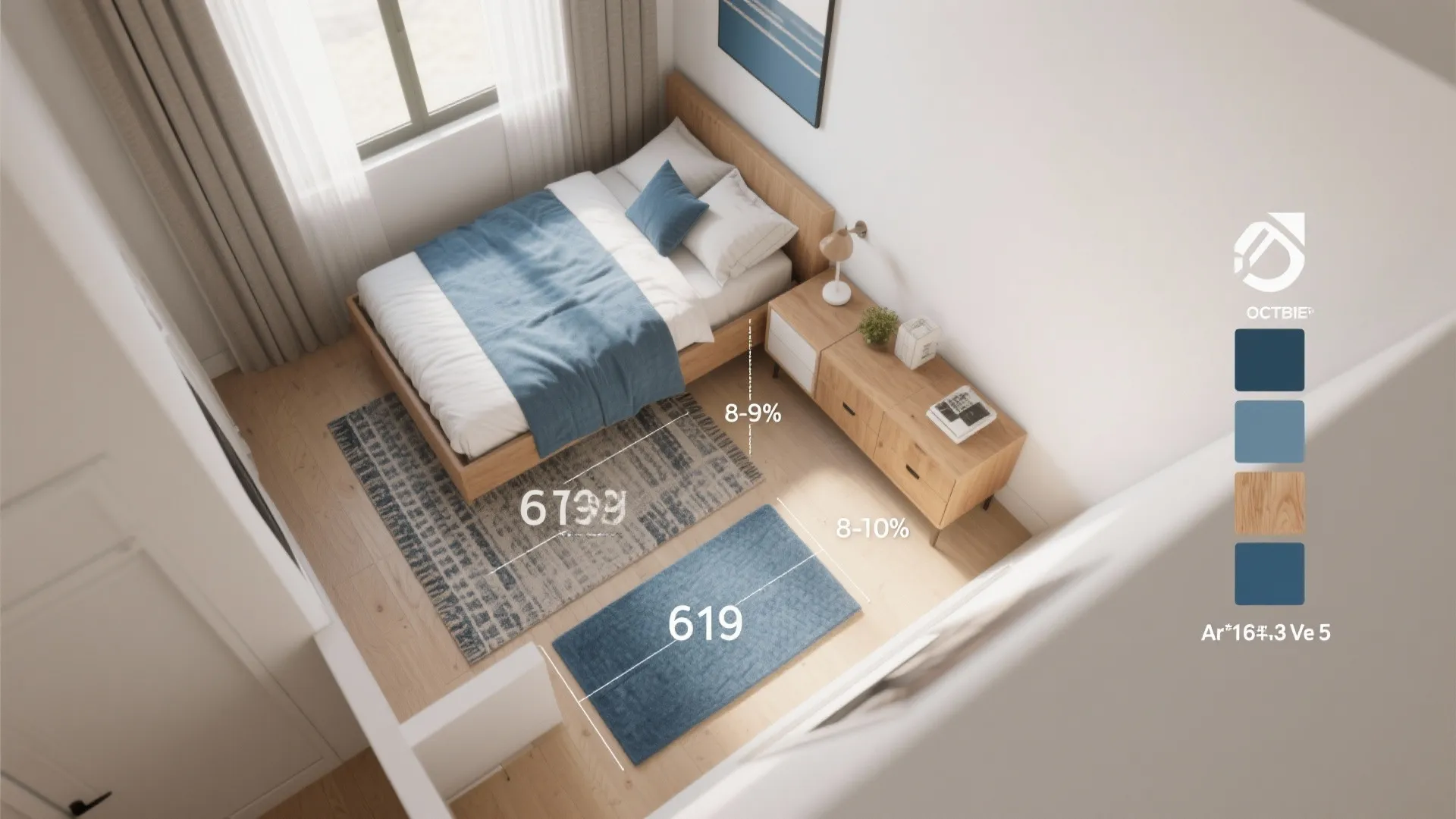 Top down room layout showing rug placement options with dimensions and a blue color palette