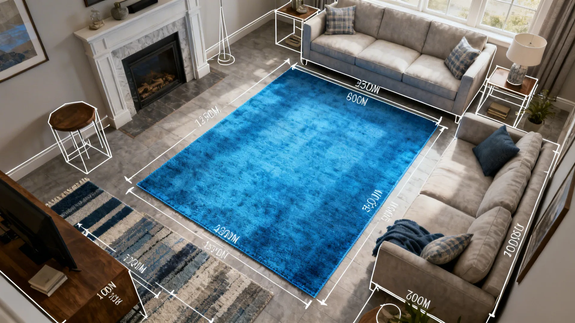 Top-down view of a living room floor plan showing rug placement options and measurements