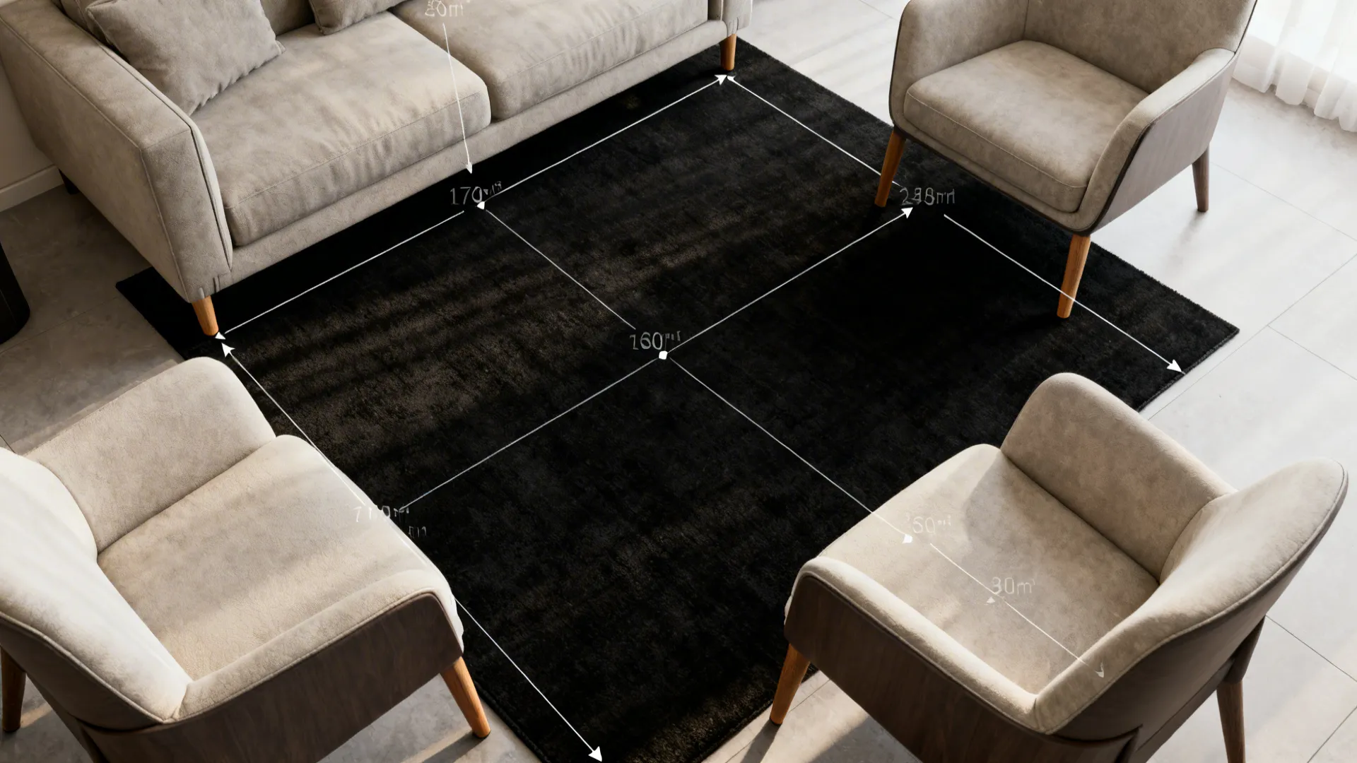 Top-down layout plan showing correct black rug placement with sofa and chair front legs on the rug.