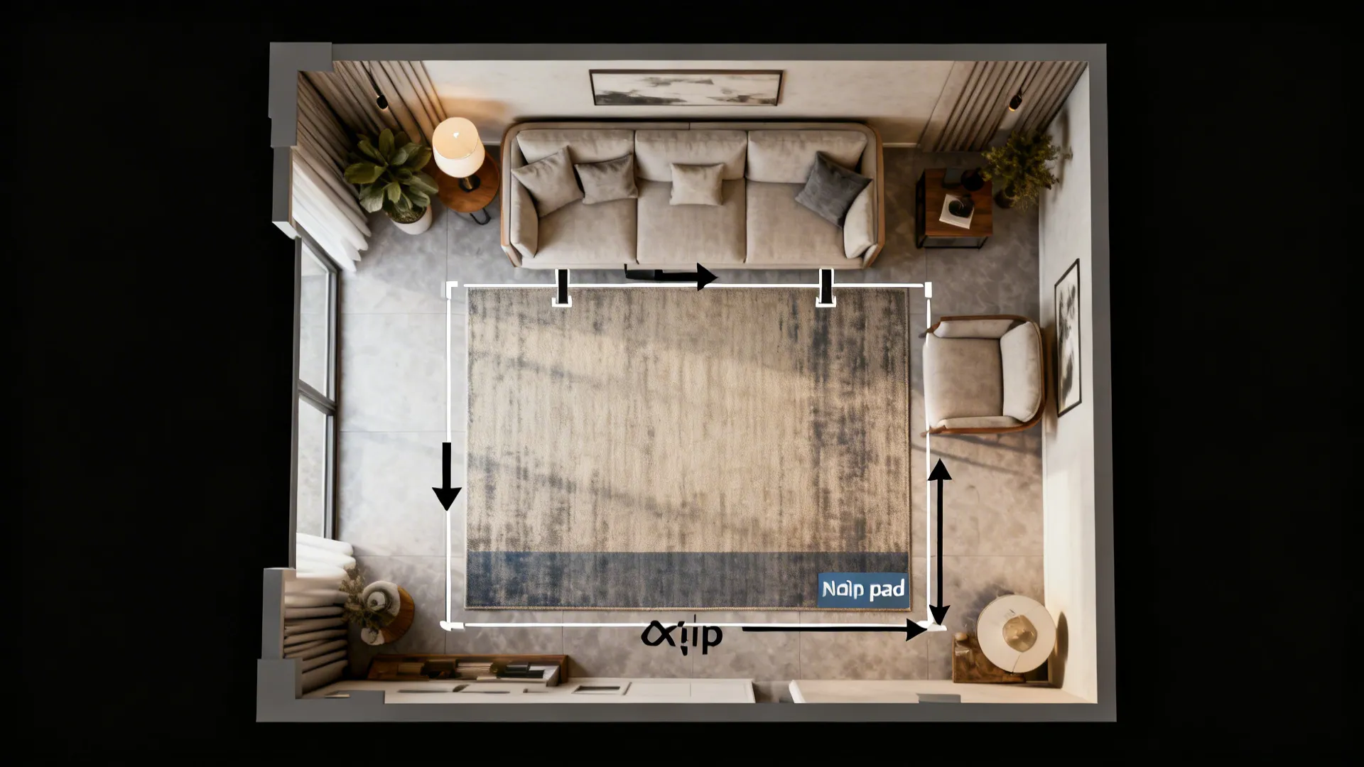 Top-down floor plan showing rug placement with measurement guides and non-slip pad highlighted.