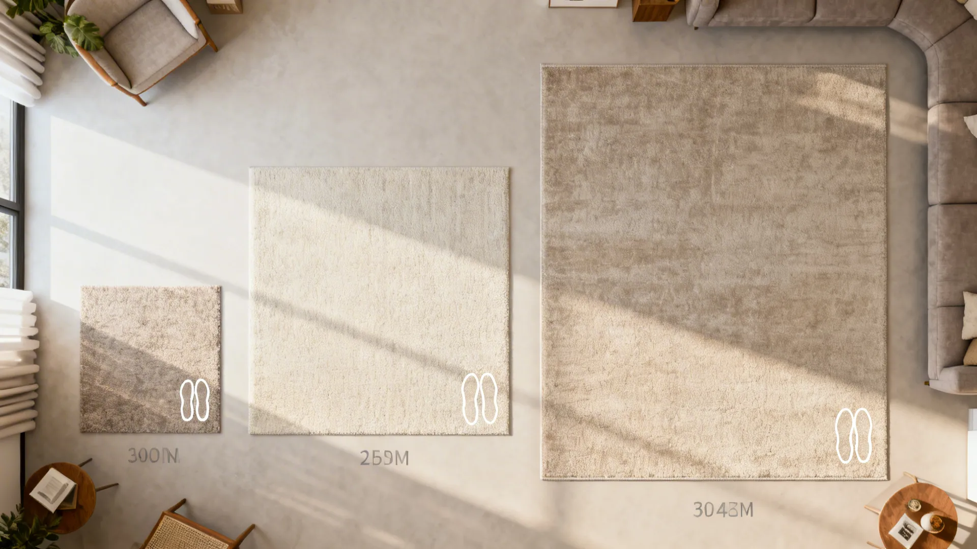 Top-down view of rug size and placement options in a small living room