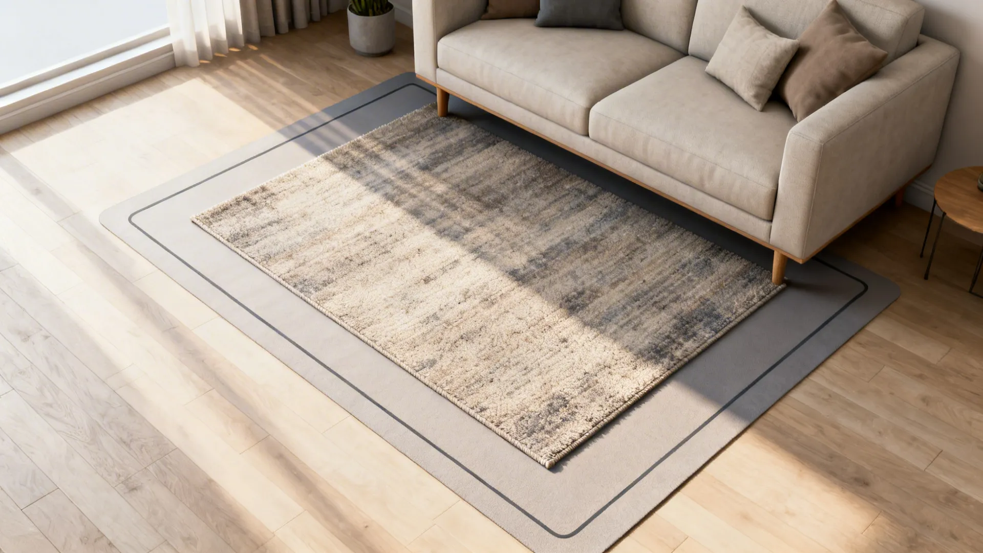 Top-down floor planner view showing rug placement and rug pad in a small living room layout.