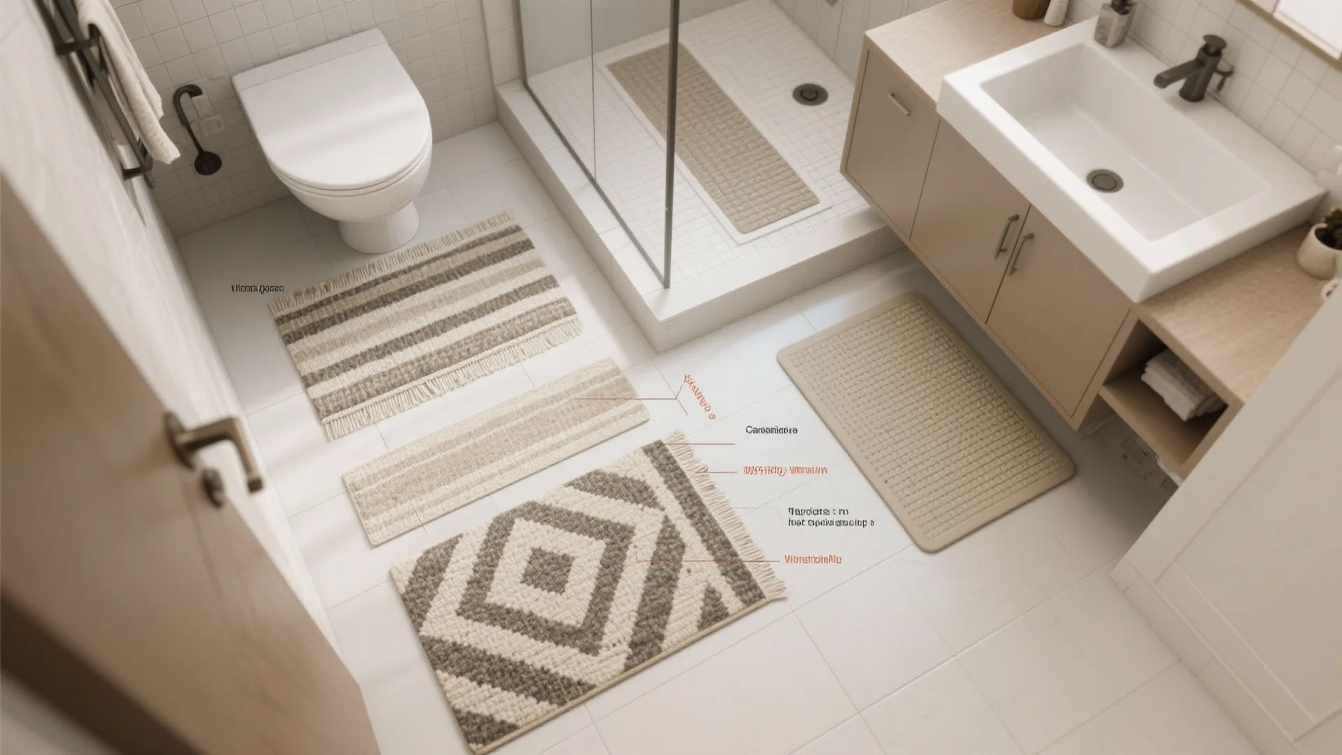 Modern bathroom floor layout showing different small rugs placed near the toilet shower and sink