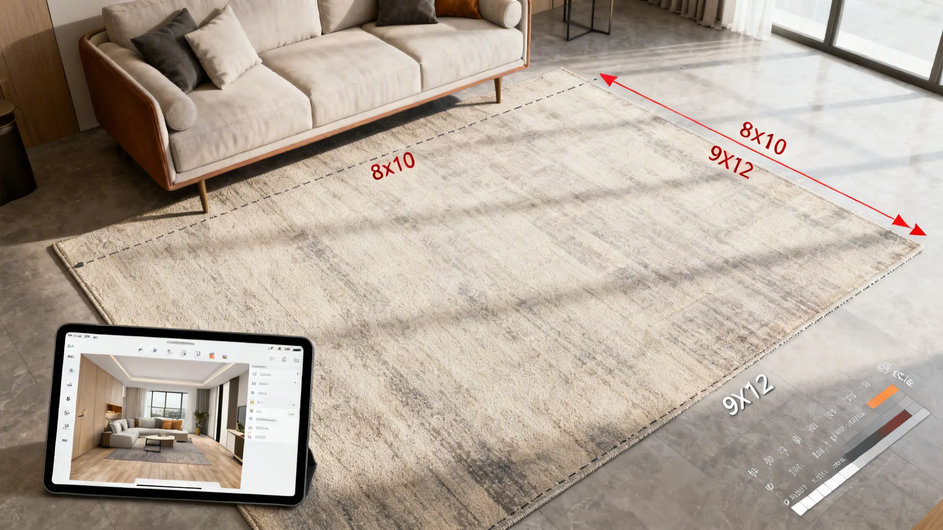 Top-down floor plan showing rug size options and a tablet mockup of a 3D room planner.