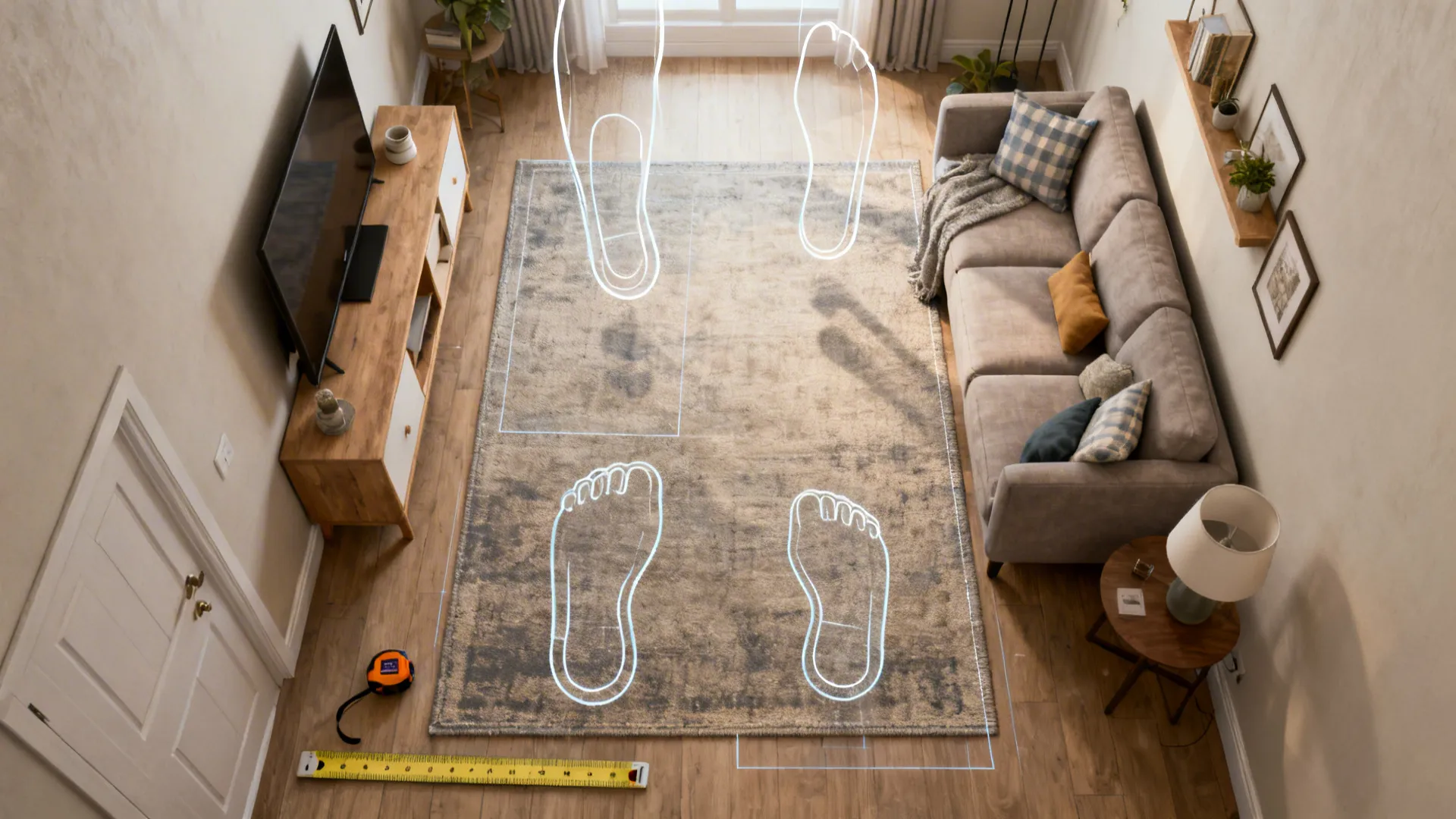 Top-down visual guide showing rug placement options and measurements for a narrow living room