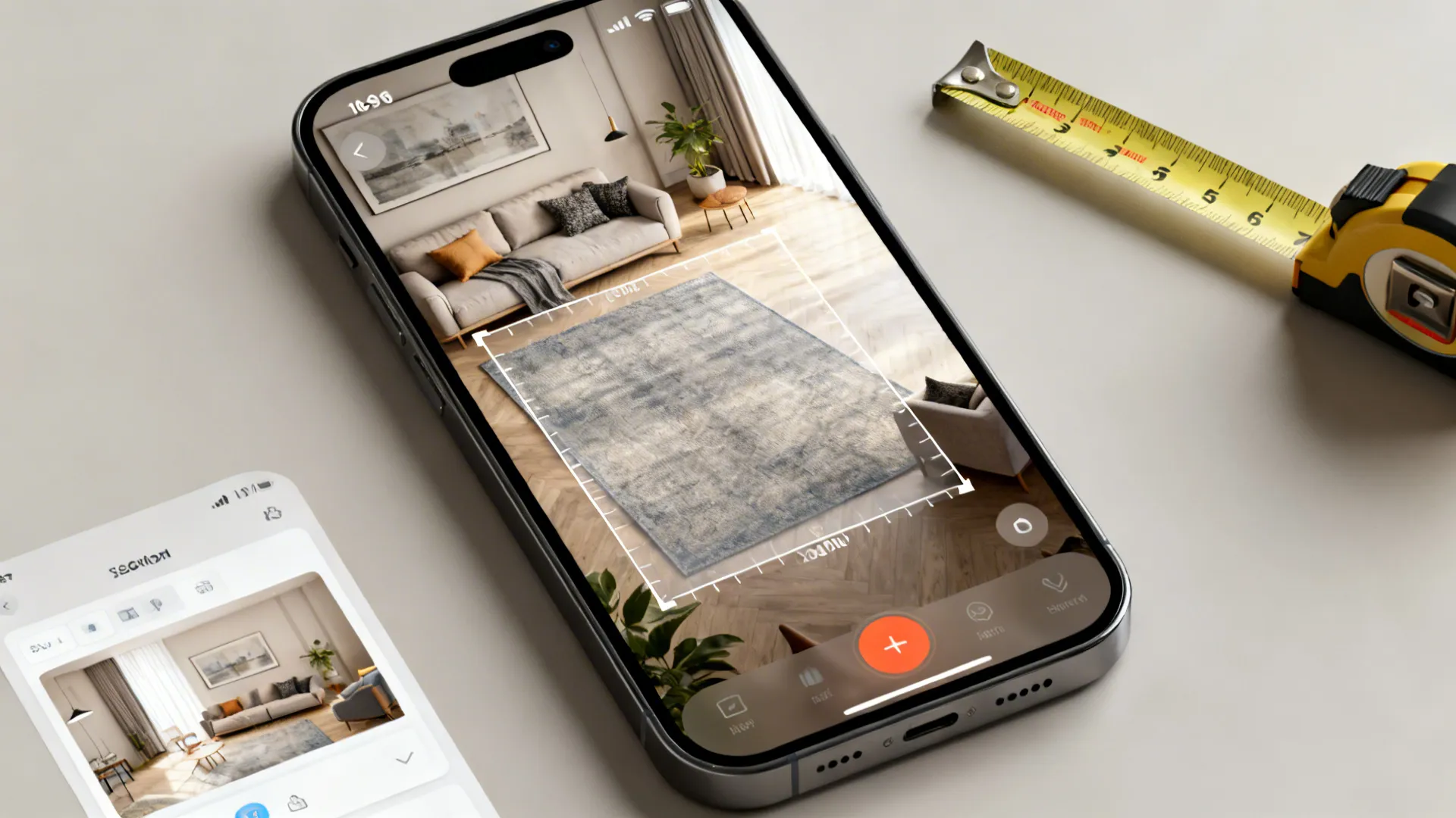 Top-down phone photo mockup with scaled rectangle overlay to test rug placement in a living room.