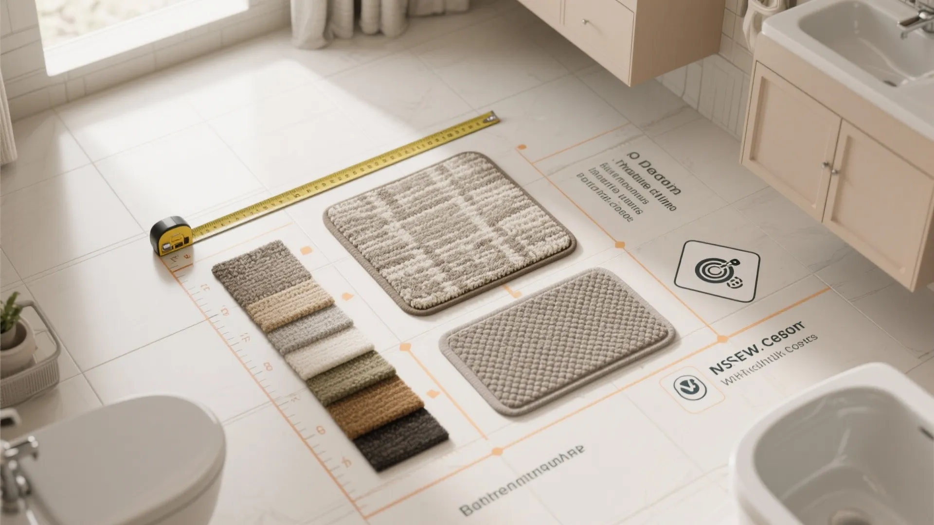 Top-down layout showing measured rug zones, swatches, and non-slip pad suggestions.