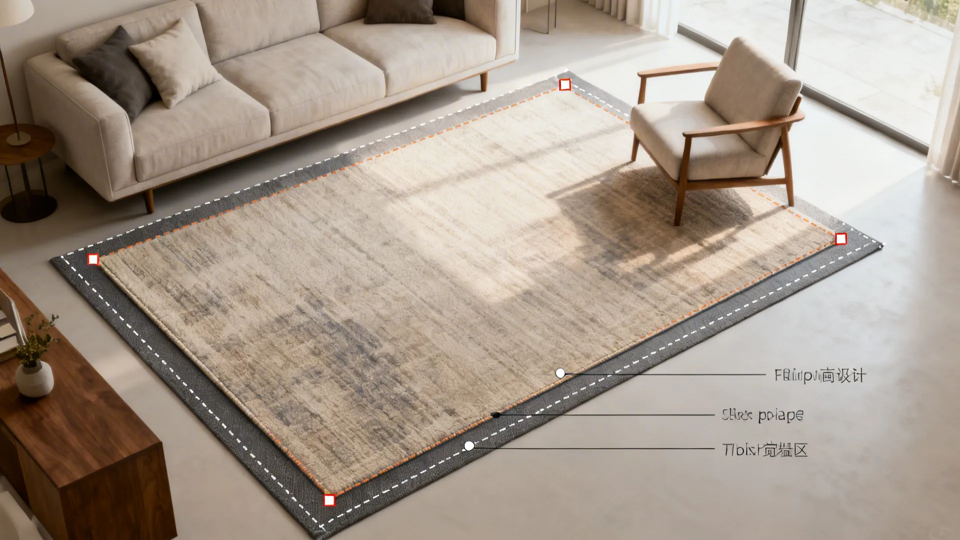 Living room scene showing rug placement guide with dotted lines near a sofa and armchair