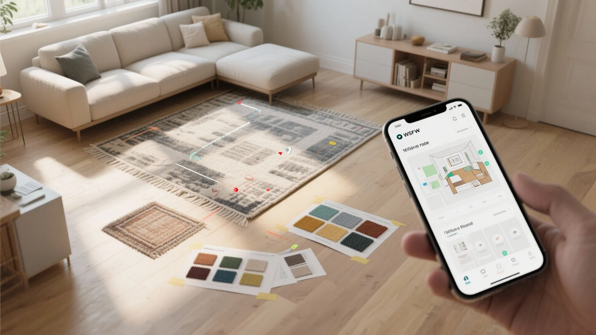 Top-down floor plan mockup showing rug placement options and swatches taped to the floor.