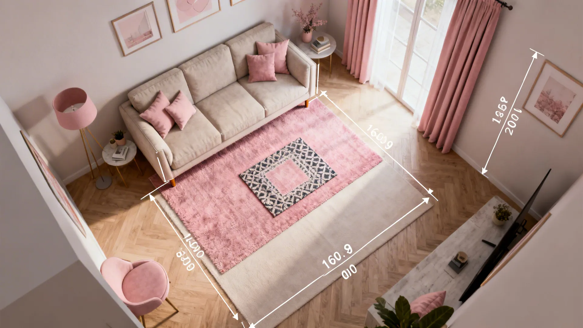 Top-down mockup of rug placement options in a small living room with measurement guides