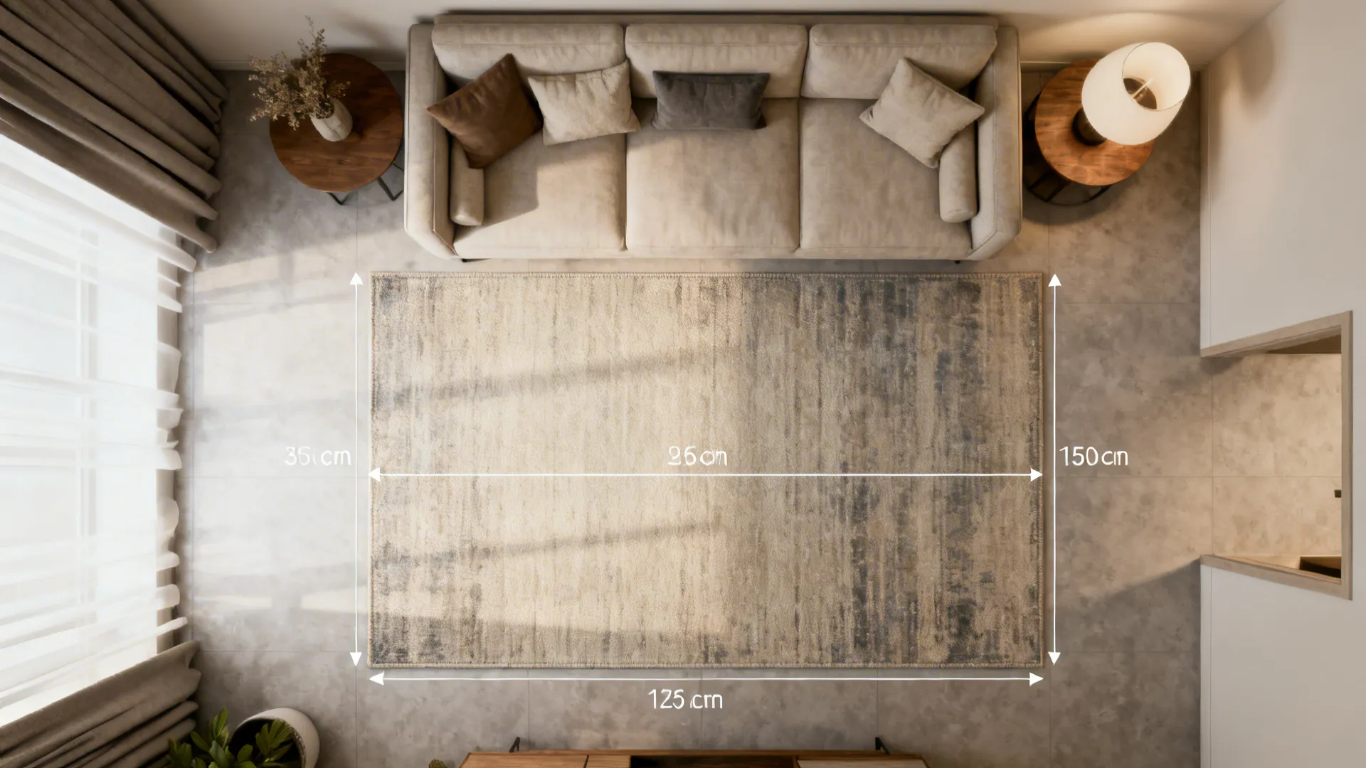 Top-down living room mockup showing rug orientation parallel to shortest wall to visually widen the room