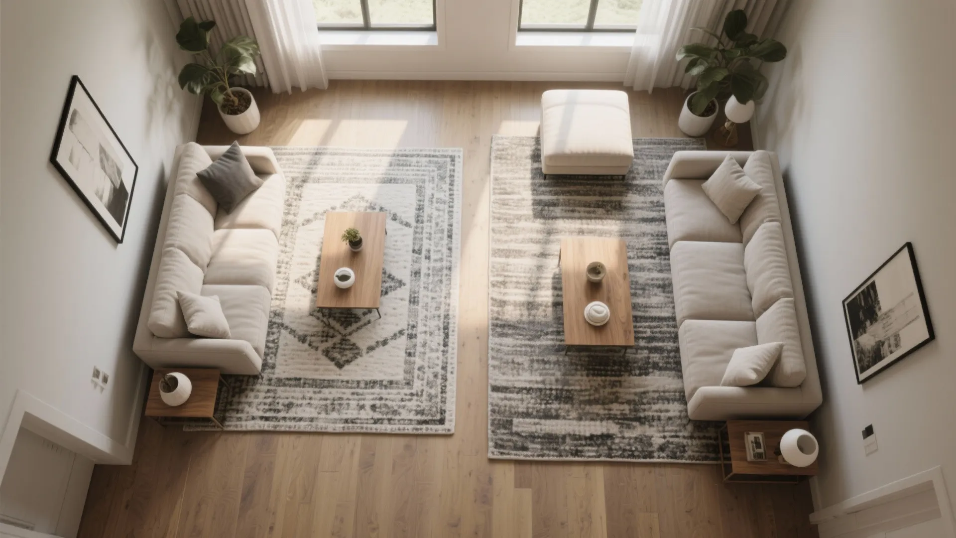 Aerial view of two separate seating areas using rugs to define different zones in room