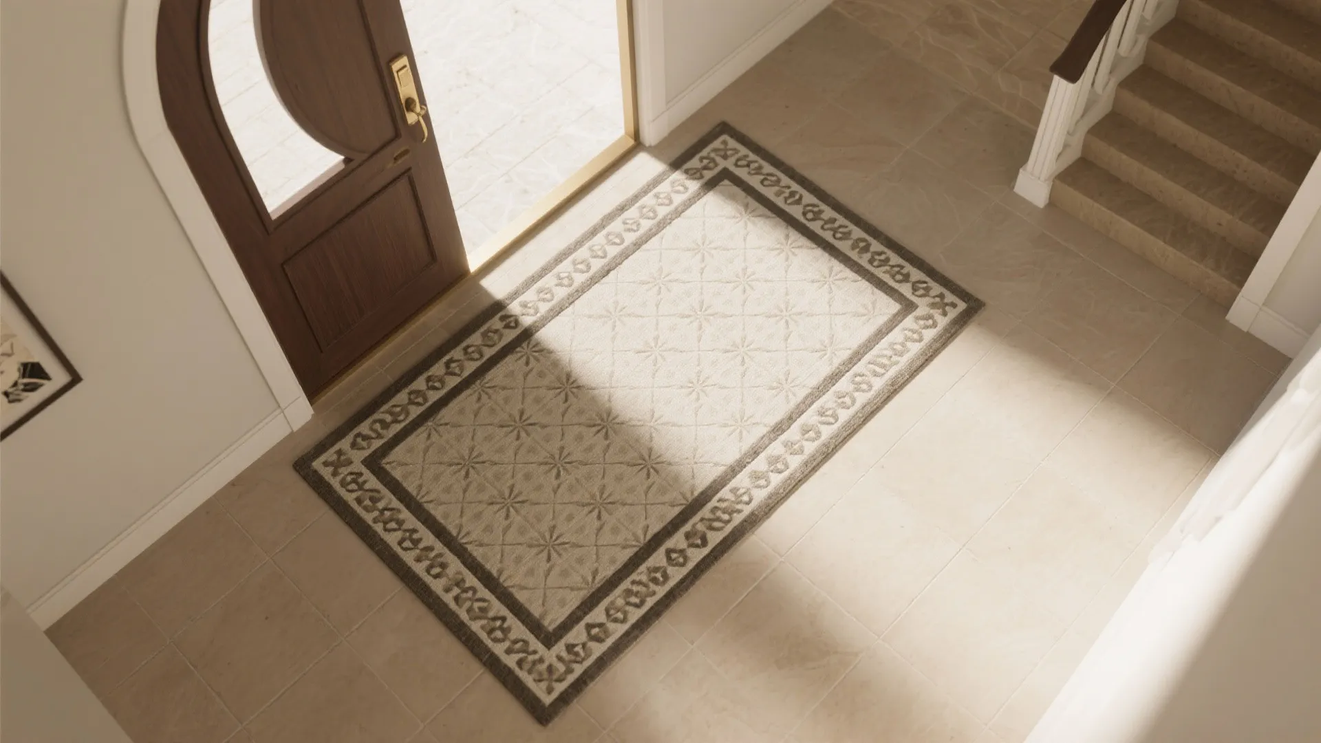Tile rug and border inlay to define the foyer