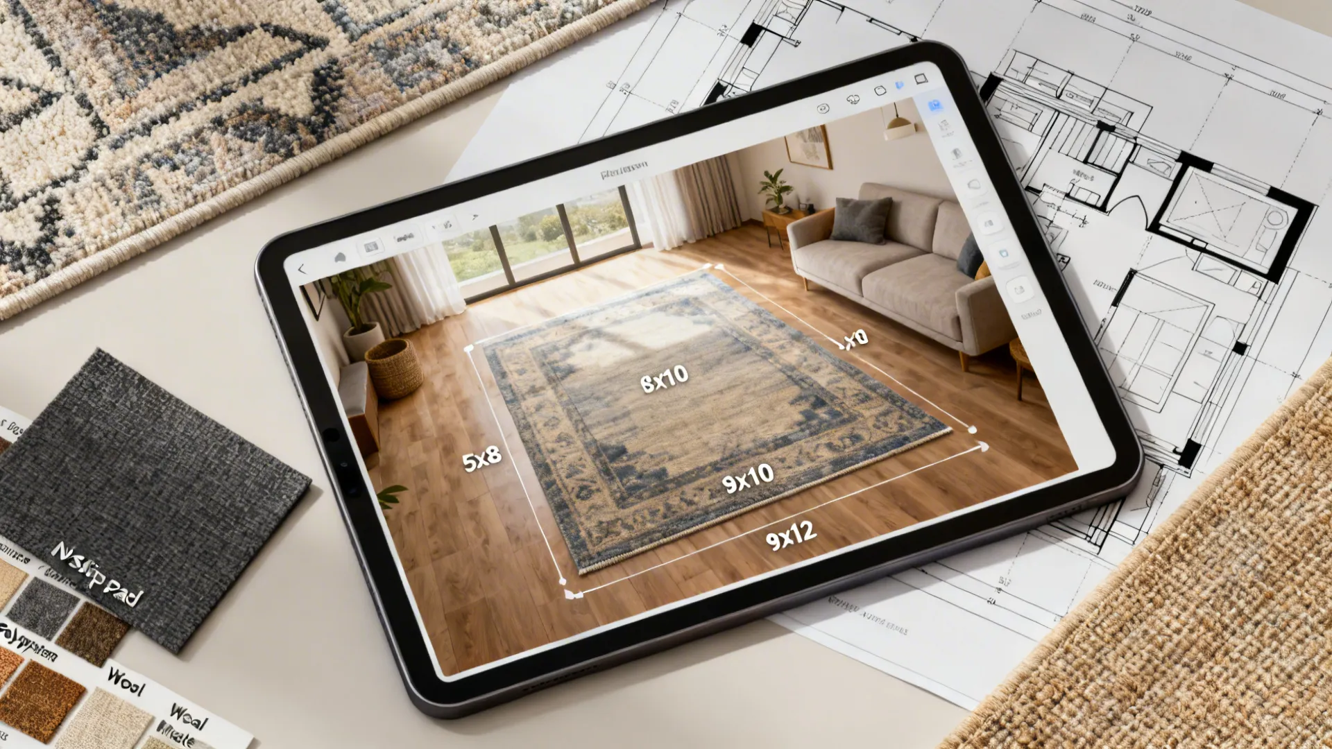 Tablet showing Coohom rug planner tool with different size options for a living room rug
