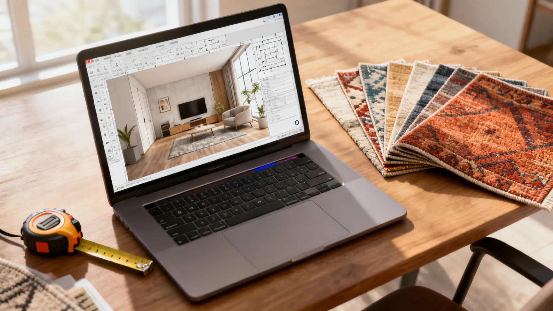 Designer desk with room planner on a laptop, tape measure and rug samples for planning rug placement.