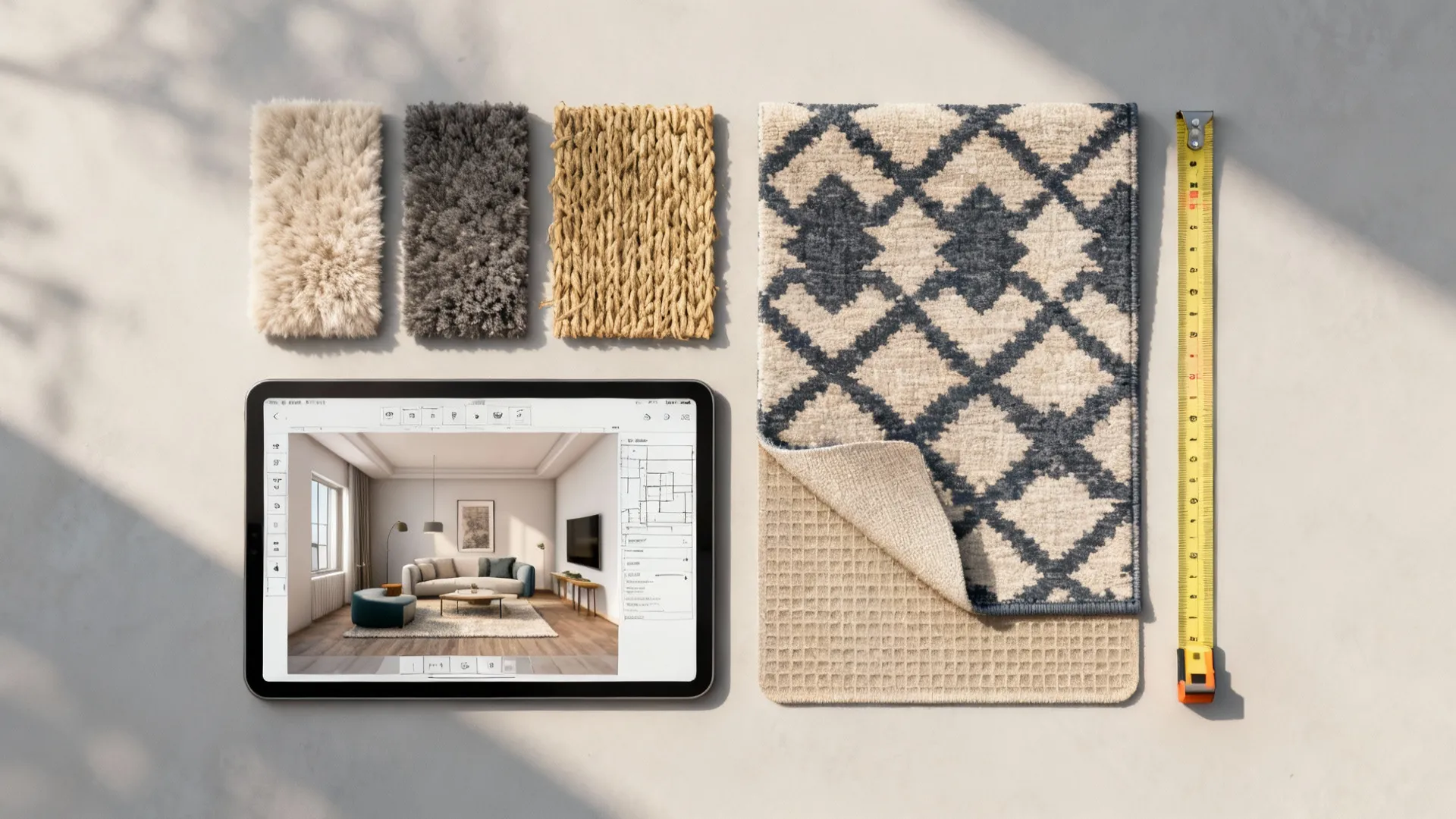 Flatlay of rug swatches, rug pad sample, measuring tape and a tablet with a 3D room planner