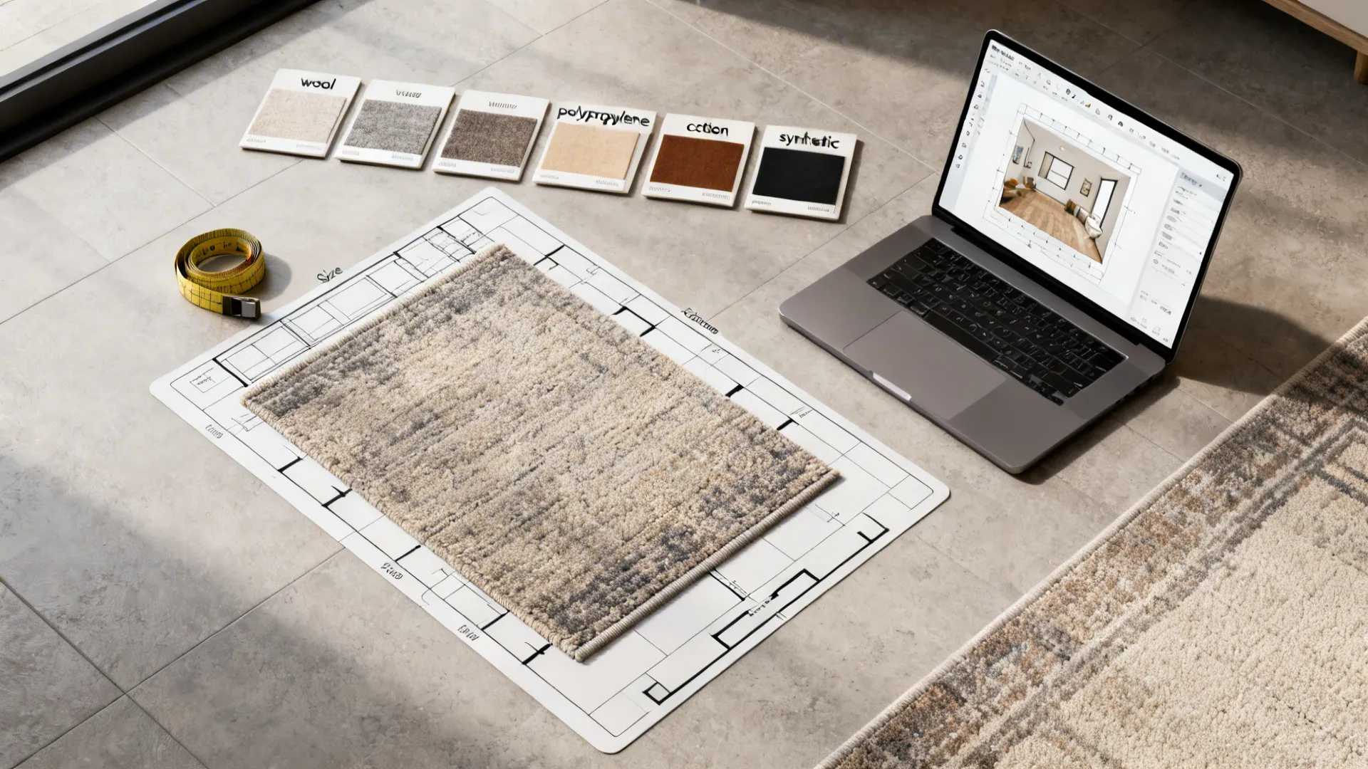 Top-down view of rug planning tools: measuring tape, swatches, and a room planner on a laptop