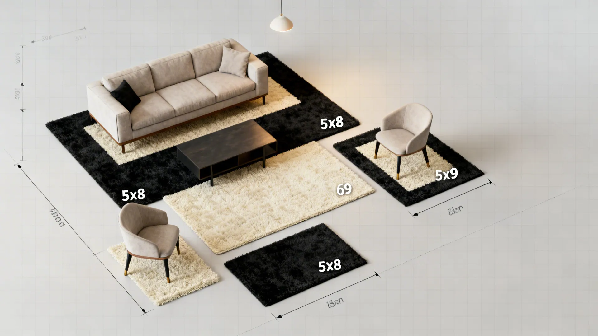 Top-down planner view showing rug size and placement options for a small living room.