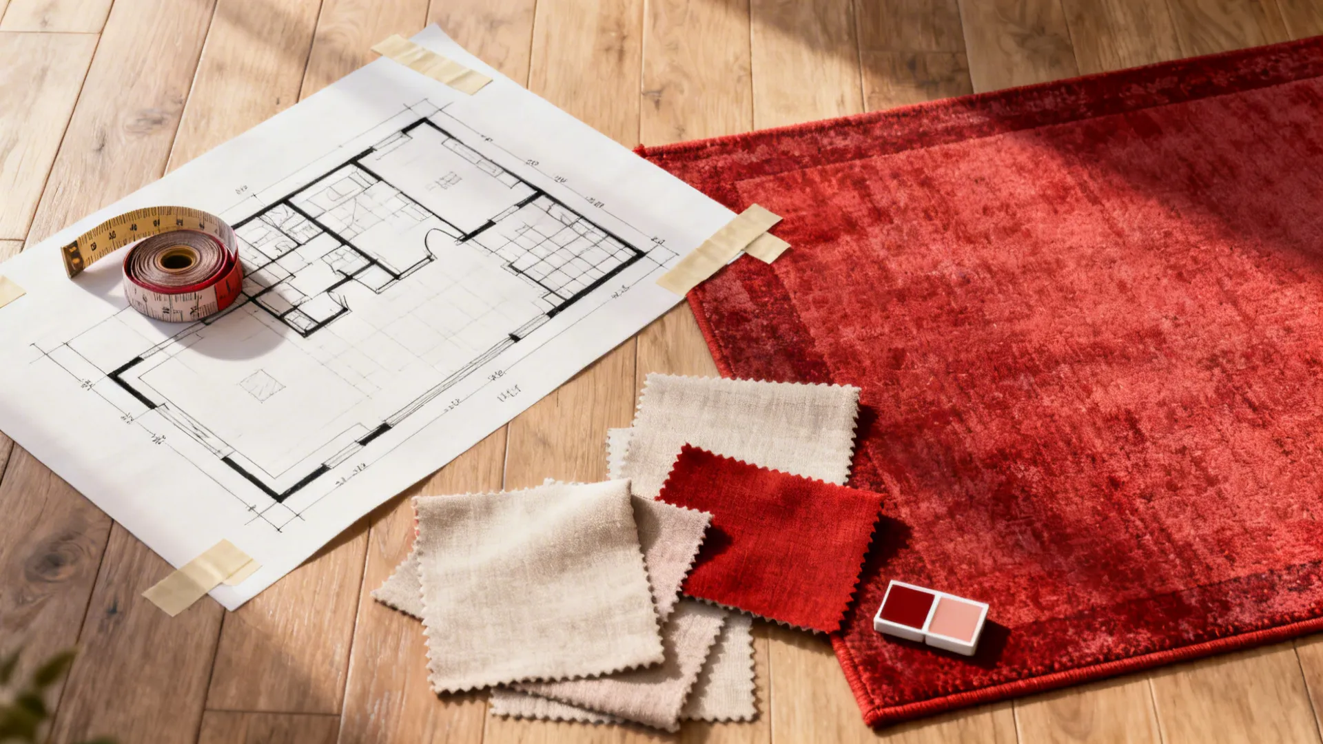 Interior design drawing, red rug, fabric swatches, and tape measure on a light wooden floor