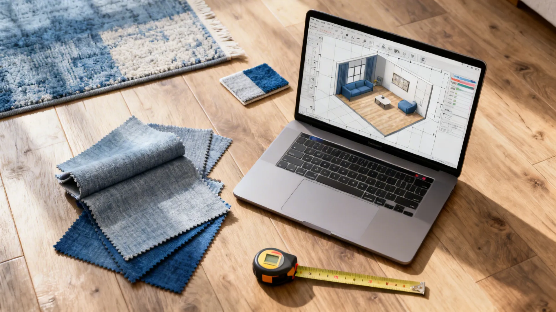 Top-down view of rug planning tools including a 3D floor planner on laptop and blue-grey swatches.
