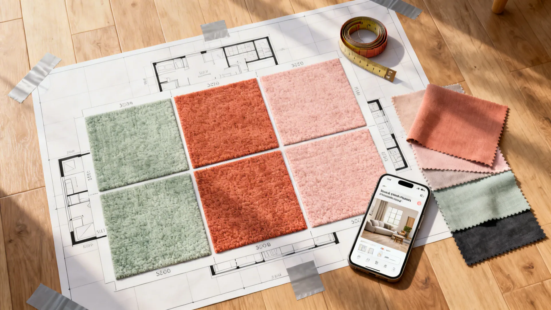 Interior design drawing on wood floor with carpet samples measuring tape and phone for planning