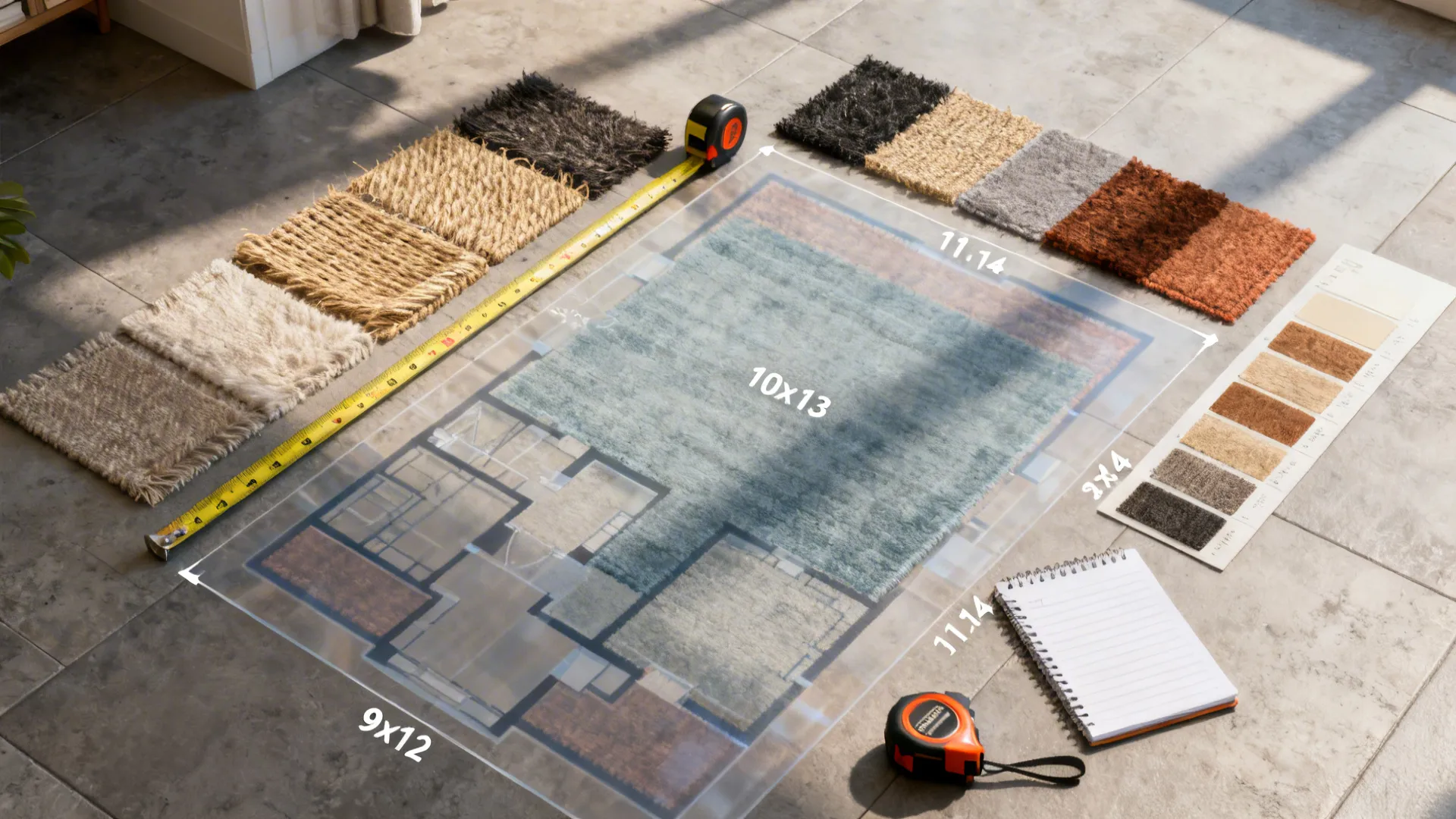 Top-down floor plan with tape measure and rug size overlays showing planning tips.
