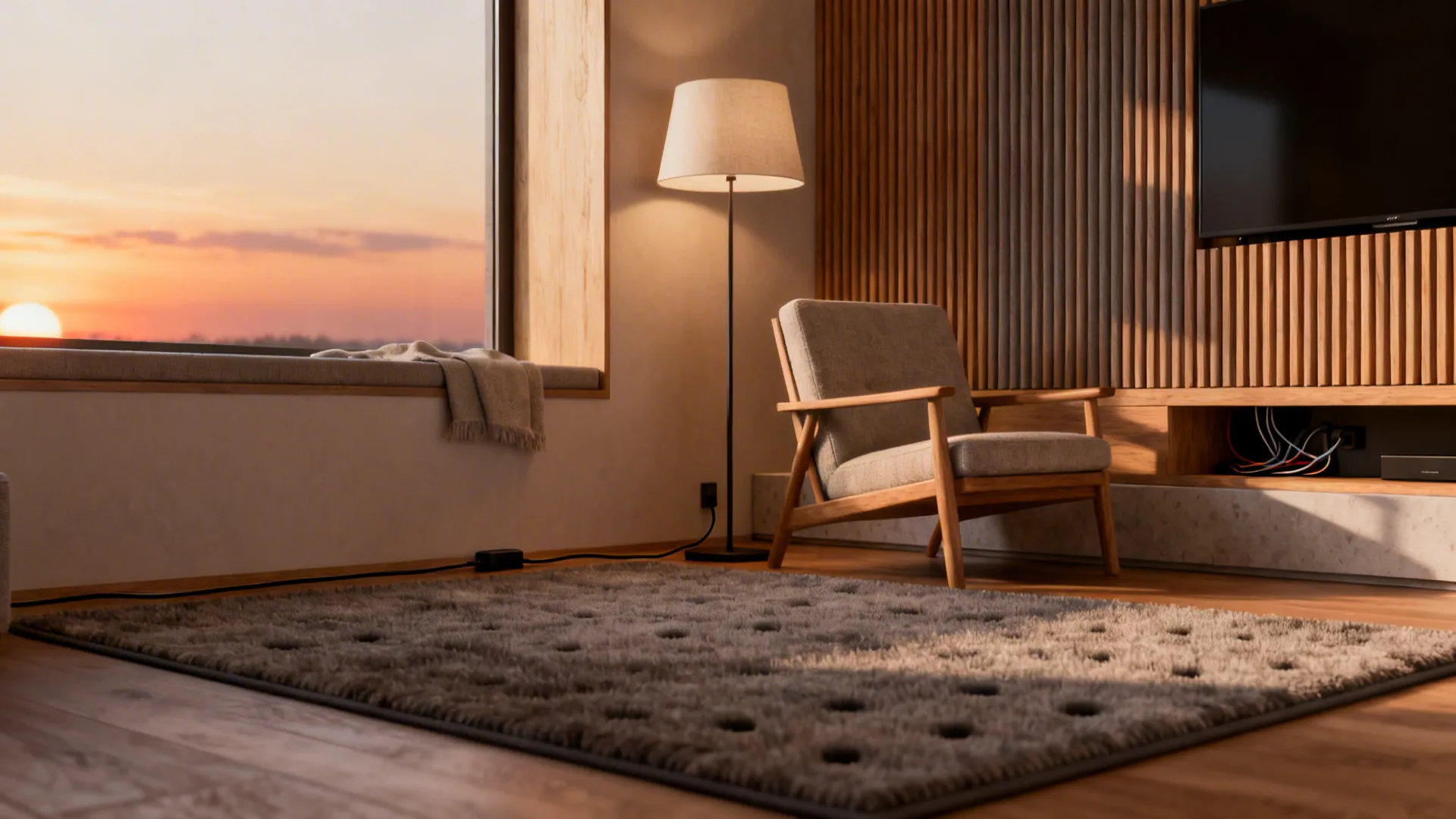 Rug-hidden flat cable feeding a floor lamp and a low plinth with concealed power.