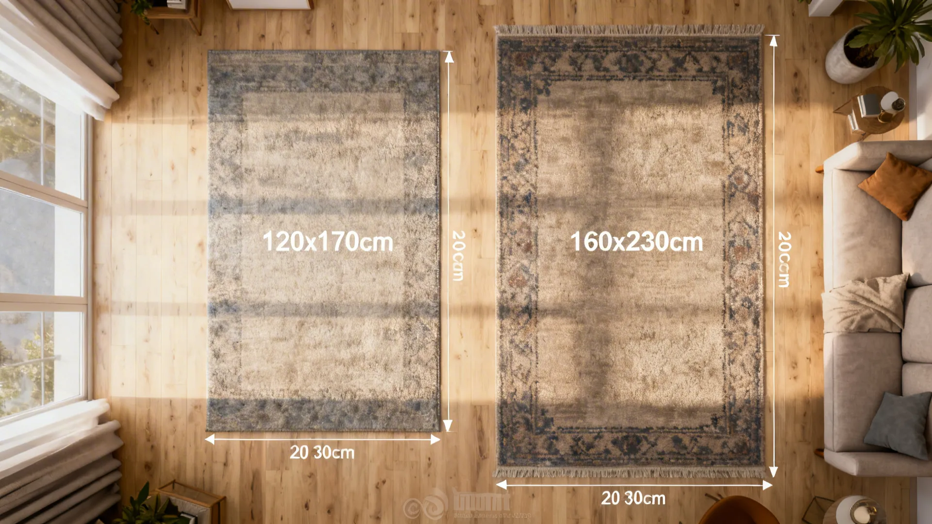 Top-down view showing rug proportions and suggested sizes for a small living room